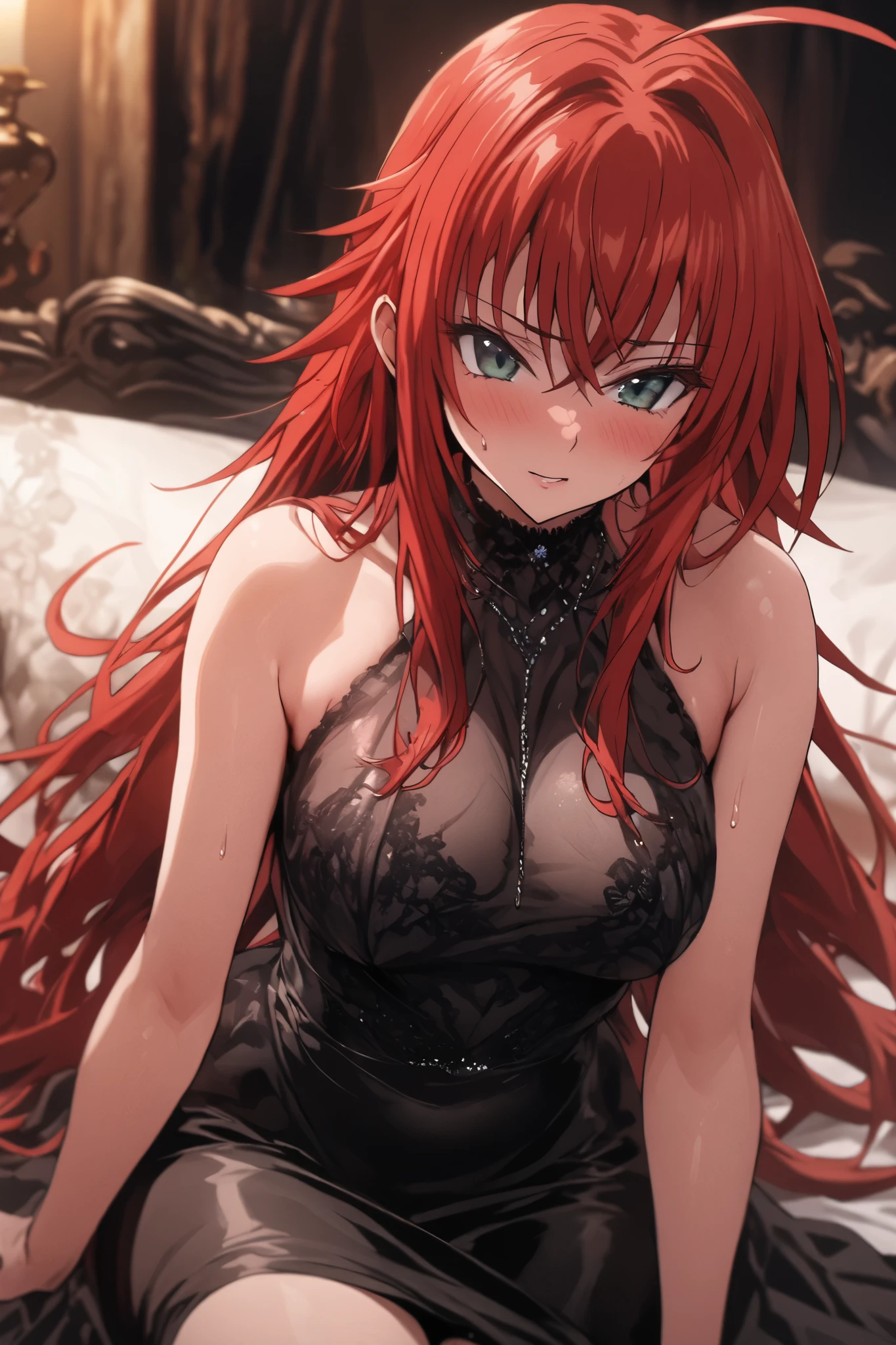 NSFW,masterpiece, top quality, high definition , very detailed, Rias Gremory、Huge ahoge、 long hair、Hair between the eyes、 green eyes、Red Hair, Evening Dress , tight skirt that sits at the crotch