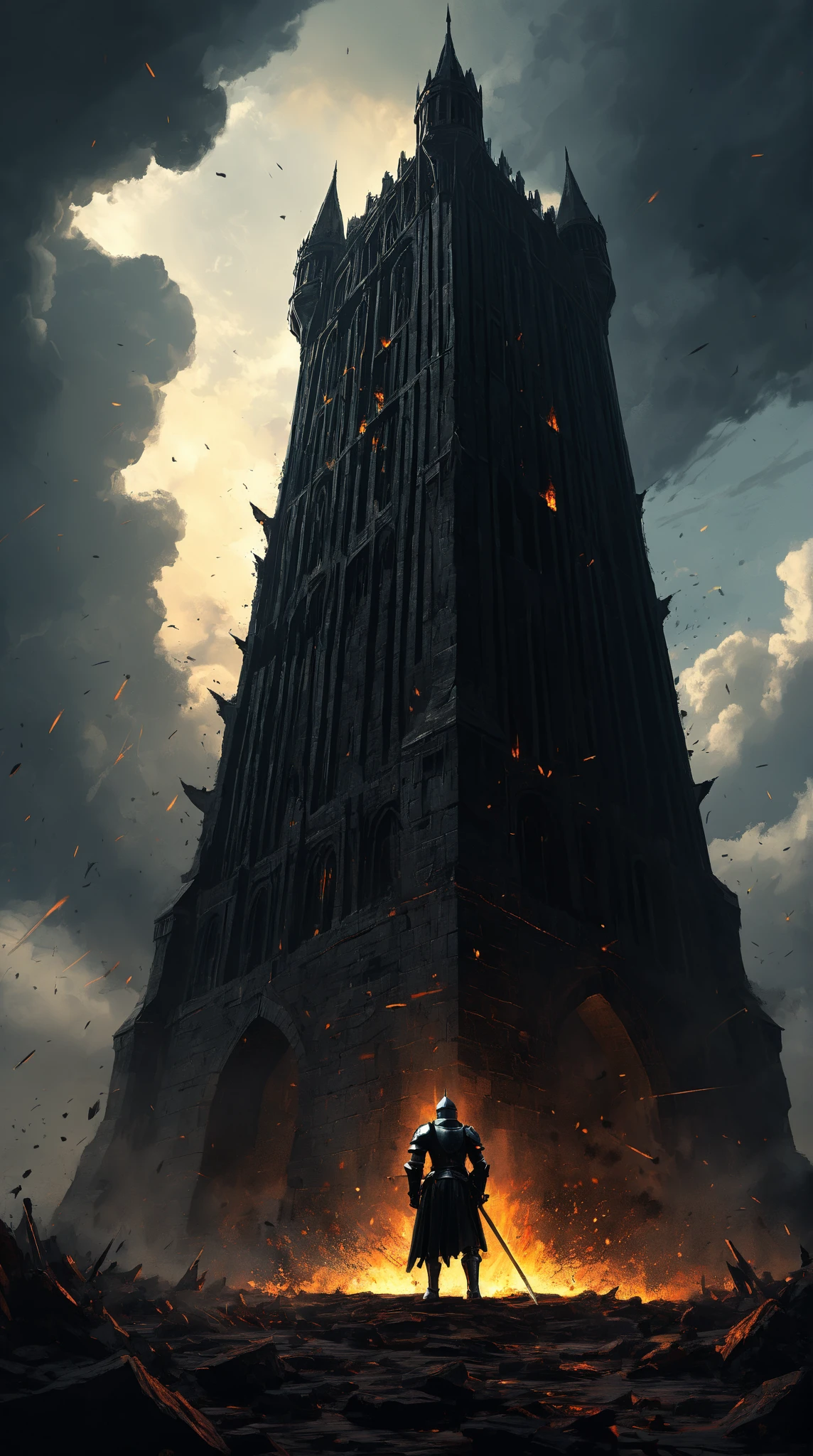 scenery picture in style (concept art:1.3) of a (gigantic black tower :1.3) with fire windows and doors, a small (silhouette:1.3) low-angle from-behind of a (knight:1.3), illustration, (splash art), wallpaper, {style of Benedick Bana|style of Christopher Balaskas|style of Noah Bradley}, burning the ground, senses of dread, (fantasy theme, epic vibe), set in medieval, knight final stand, (amazing background:1.3), (dramatic clouds), dark sky, (meteors fall), dramatic lighting, intricate detailed, cinematic, high-resolution image.