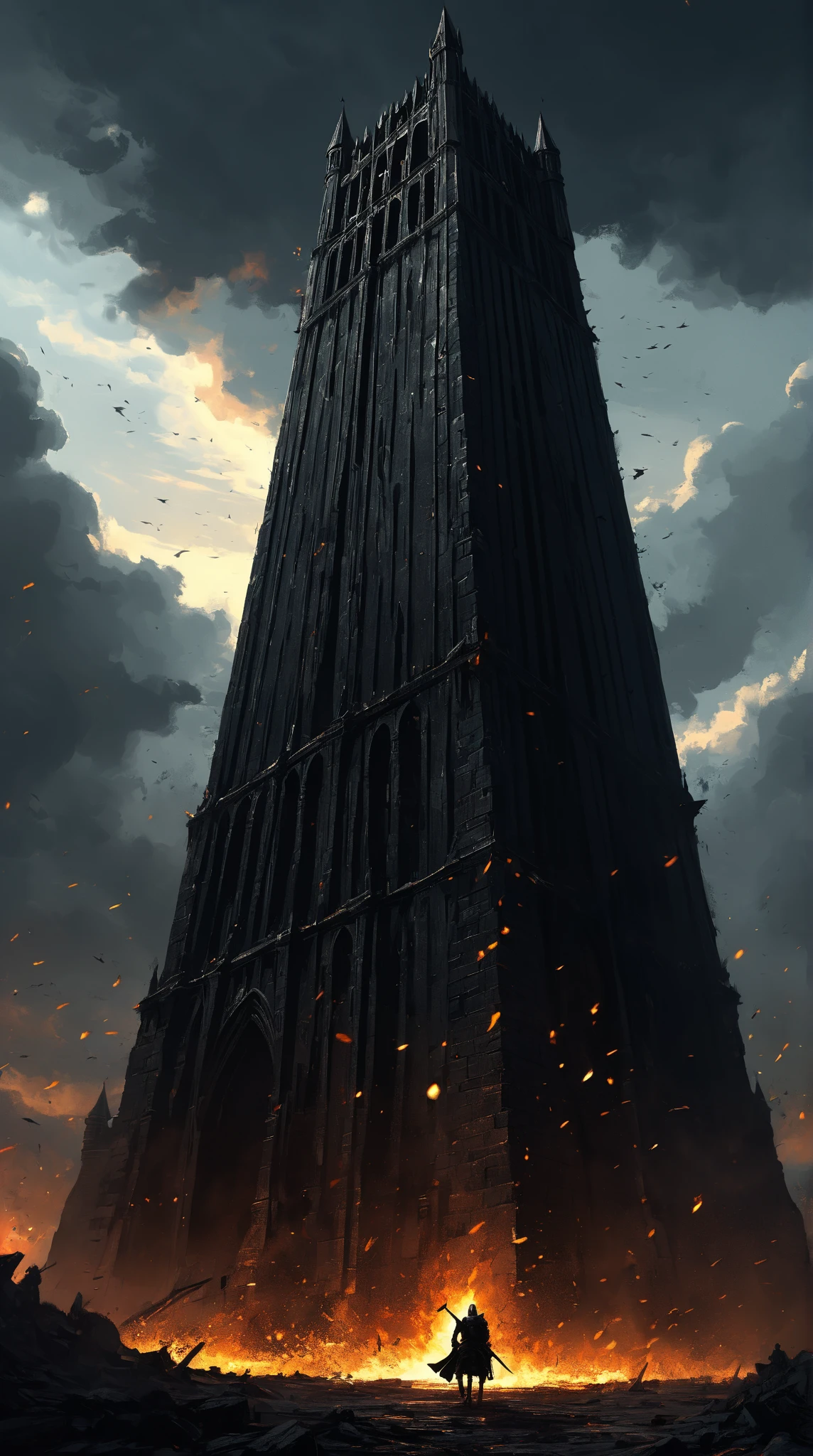 scenery picture in style (concept art:1.3) of a (gigantic black tower :1.3) with fire windows and doors, a small (silhouette:1.3) low-angle from-behind of a (knight:1.3), illustration, (splash art), wallpaper, {style of Benedick Bana|style of Christopher Balaskas|style of Noah Bradley}, burning the ground, senses of dread, (fantasy theme, epic vibe), set in medieval, knight final stand, (amazing background:1.3), (dramatic clouds), dark sky, (meteors fall), dramatic lighting, intricate detailed, cinematic, high-resolution image.