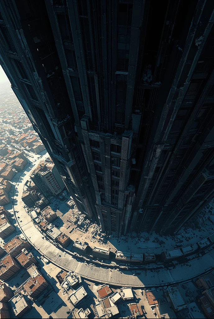 A view from the top of the Dark Tower looking down to the ground. Aerial photography by drone. A dynamic illustration. Large rocks and rubble are shown raining down towards the ground, which is crowded with buildings that appear small. The perspective emphasizes the enormous scale and power of the tower, creating a sense of vertigo and height. The overall atmosphere is dramatic and awe-inspiring.