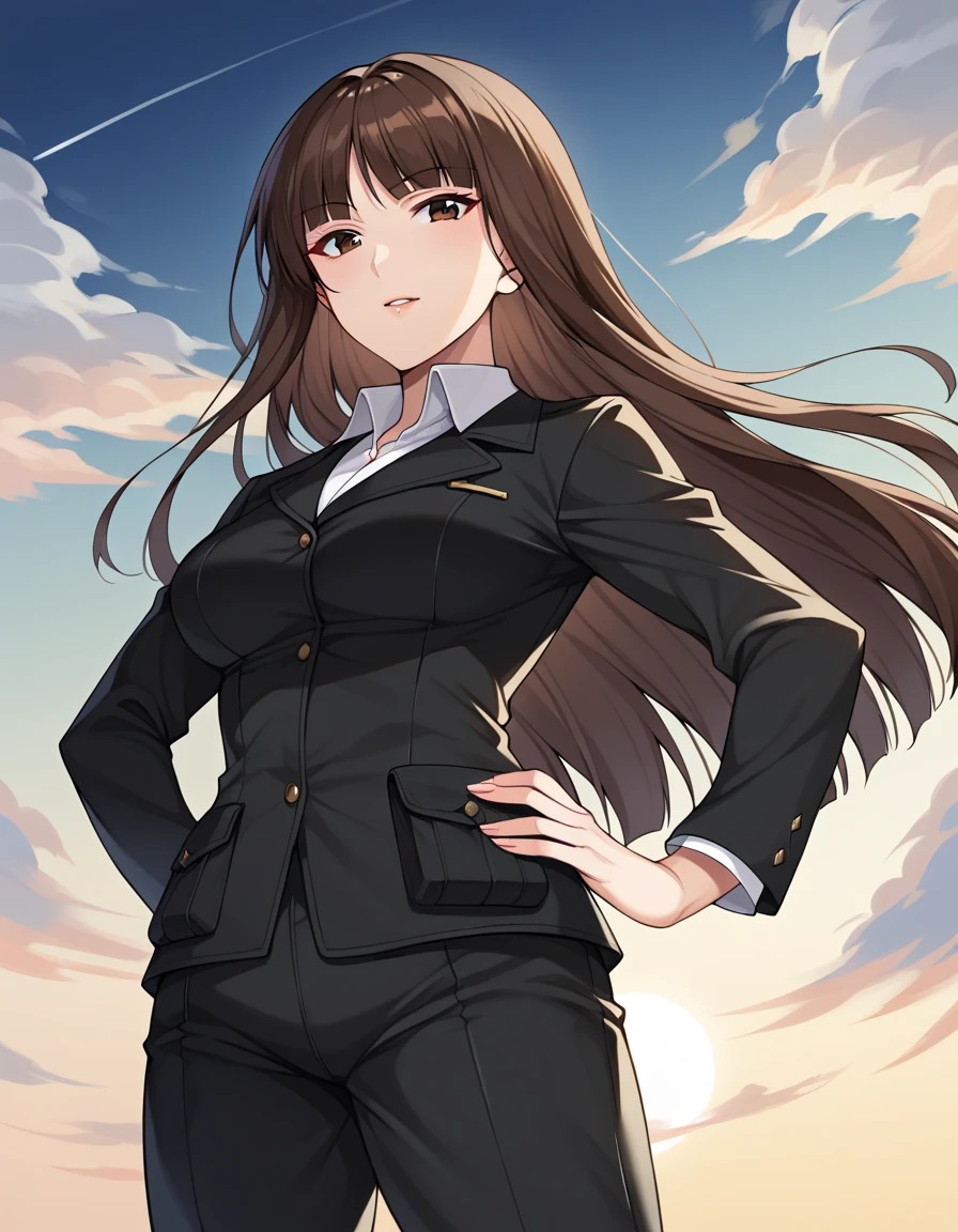 score_9, score_8_up, score_7_up, source_anime, rating_safe, BREAK nishizumi shiho, 1girl, mature female, blunt bangs, long hair, brown hair, straight hair, brown eyes, black jacket, long sleeves, wing collar, pant suit, black pants, formal, standing, cowboy , closed mouth, looking at viewer, from below, dutch angle, sunset, gradient sky, night sky, horizon, cloud, showing armpit