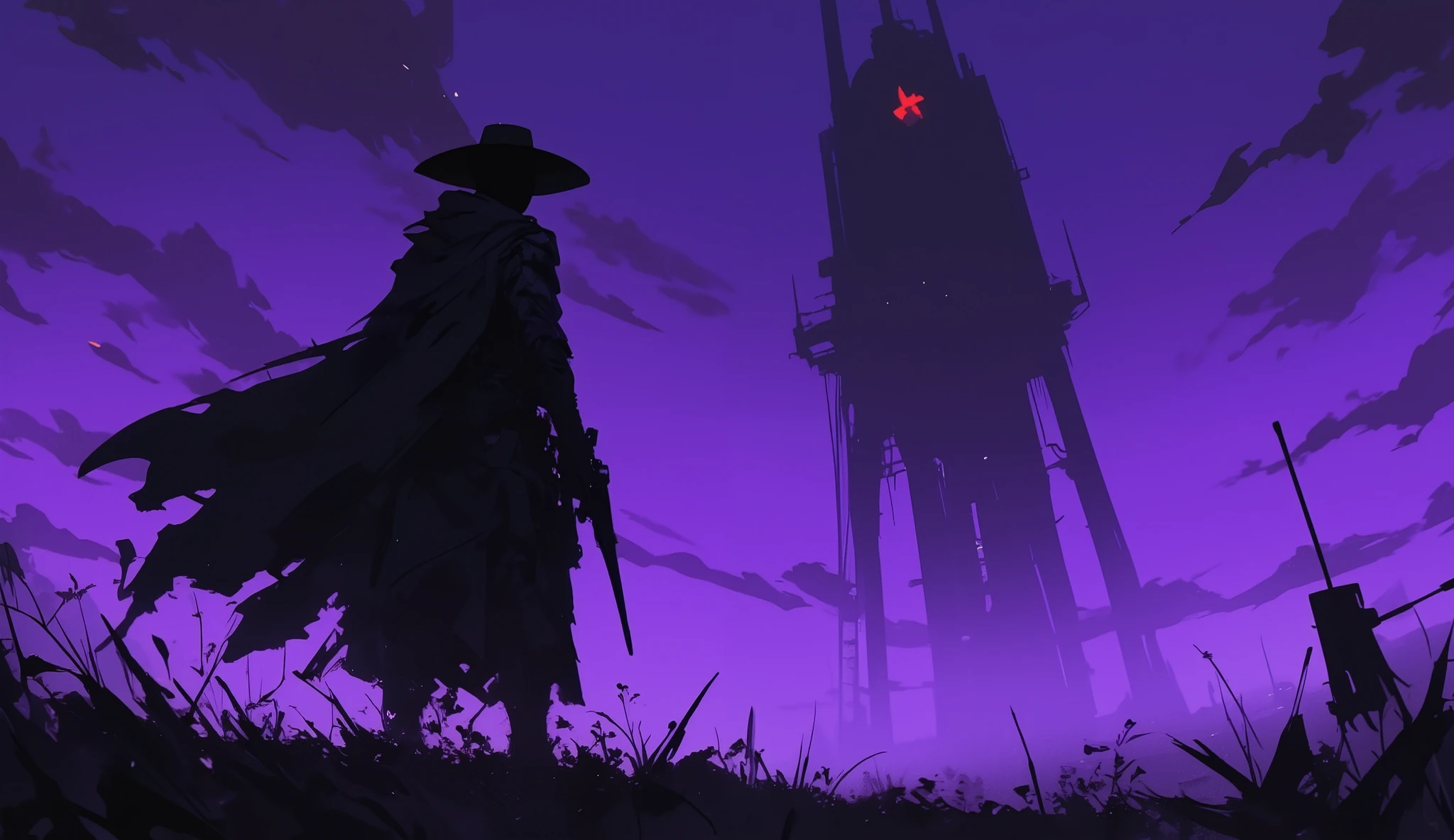 Wearing a cowboy hat、A man in a cape holds a handgun and looks at an anime-style scene of the Dark Tower in the distance, dark atmosphere illustration , Background Artwork,  purple space in the background , A quiet night. Digital Illustration,  dark night environment ,  conceptual art  stunning atmosphere, Background Art, Game Art,  conceptual art  for a video game, dark high-contrast  conceptual art ,   Dramatic Lighting  .  conceptual art 