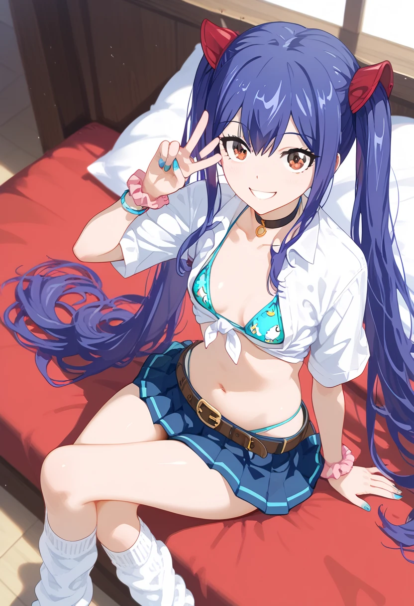 masterpiece, (((highest quality, perfect anatomy))), (full body), soft light, from above, from behind, at bedroom, sitting, crossed legs, smile, looking back, peace sign, 1girl, wendy marvell, long hair, hair ornament, ribbon, hair between eyes, twintails, brown eyes, very long hair, blue hair, looking at viewer, small breasts, navel, midriff, open_shirt, tied shirt, adjusting clothes, microskirt, pleated_skirt, loose_socks, print_bikini, highleg_bikini, micro_bikini, choker, belt, jewelry, nail_polish, scrunchie,