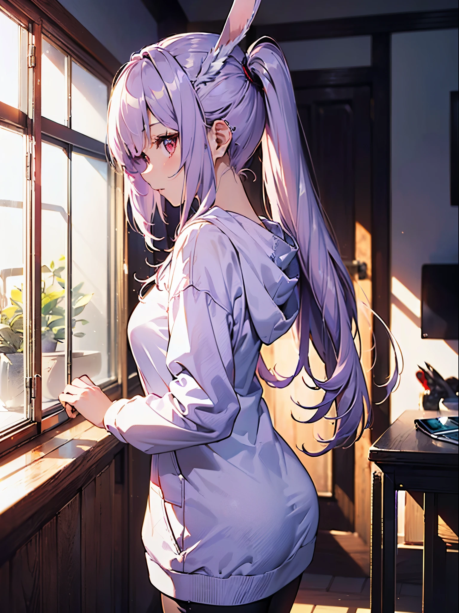 Realistic,highest quality, Ultra Detail, High-quality CG rendering, The most delicate and beautiful, Floating softly, High resolution, (1 girl), (Highest quality,4K,8K,masterpiece:1.2), Light purple hair,Rabbit,Bunny ears,Long Hair,Red eyes,(White oversized hoodie:1.3),Inside the room,bed,(bedに座っている:1.4),(Turn your back to your audience:1.3)