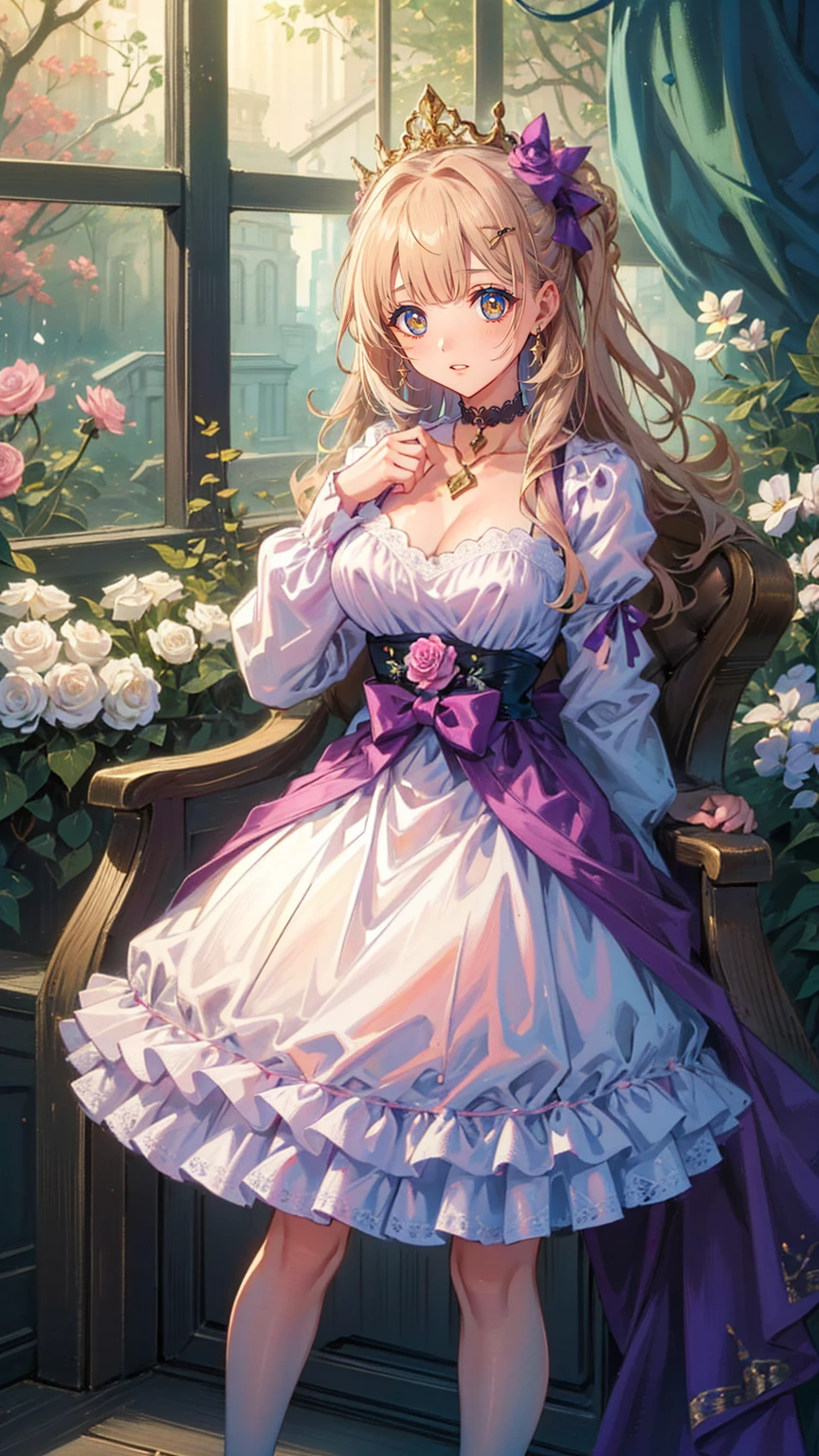 (8k, top quality, masterpiece : 1.2), Ultra-high definition ,,  Marie Antoinette  ,  super detailed face ,fine grain,  just the entrance to the basement of the castle  ,( blonde alone ),  long hair,  wavy hair  , break,Rococo Ruffle Dress,Long sleeve dress, Long skirt dress lying on a wooden boat  , Baroque Dress ,  intricate fantasy dress  , Luxurious and glamorous dress  ,  romantic dress, Ruffled Costume ,lottery, Data Style,  Formal wear, Fancy Fashion, palate colors include  pink and white,(  pink:1.5),Class A Smile, Gold Tiara ,  necklace , Sit in a fancy chair,  you have to tie your hands behind your back  ,(  rainbow light  :1.4),,  the side face of a person looking out of the window  ,  a rosebush is reflected in the window  ,(Inside Victoria Palace)、Her eyes are shining、 now her blonde alone's hair extends to her waist 、Rose-colored gradation and three, 薄い  pinkのロック. 彼女は花柄の装飾が施された Gold Tiara を着用し、 Matching earrings  , white flower choker. 彼女は金色のボタンで縁取られたフリル付きの白いストライプの  pinkのトップを着ている,  The white sleeves are in the shape of a bud  ..  dress with magenta ribbon flowing out of her chest  ..、 At the back of her neck  、Matching chest piece, Decorated with flowers.  Her ruffled skirt is divided by a white line  ,  Fastened with a large magenta ribbon  、Decorated with gold,  There is a small ribbon on the back  . Her mini skirt、薄い  pinkのマゼンタの貝殻状の裏地と白い花のペチコートでできている. 彼女は  pinkの花がついた白い手袋も着用している, 白と薄い  pinkの靴には、ゆるいカフとDecorated with flowersたマゼンタのリボンがある.
