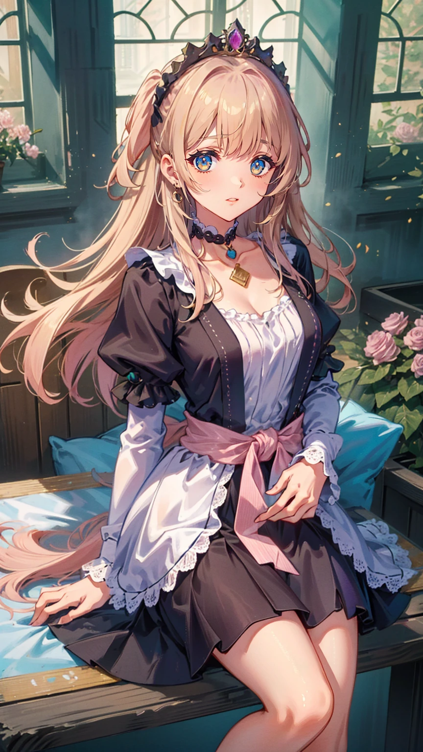 (8k, top quality, masterpiece : 1.2), Ultra-high definition ,,  Marie Antoinette  ,  super detailed face ,fine grain,  just the entrance to the basement of the castle  ,( blonde alone ),  long hair,  wavy hair  , break,Rococo Ruffle Dress,Long sleeve dress, Long skirt dress lying on a wooden boat  , Baroque Dress ,  intricate fantasy dress  , Luxurious and glamorous dress  ,  romantic dress, Ruffled Costume ,lottery, Data Style,  Formal wear, Fancy Fashion, palate colors include  pink and white,(  pink:1.5),Class A Smile, Gold Tiara ,  necklace , Sit in a fancy chair,  you have to tie your hands behind your back  ,(  rainbow light  :1.4),,  the side face of a person looking out of the window  ,  a rosebush is reflected in the window  ,(Inside Victoria Palace)、Her eyes are shining、 now her blonde alone's hair extends to her waist 、Rose-colored gradation and three, 薄い  pinkのロック. 彼女は花柄の装飾が施された Gold Tiara を着用し、 Matching earrings  , white flower choker. 彼女は金色のボタンで縁取られたフリル付きの白いストライプの  pinkのトップを着ている,  The white sleeves are in the shape of a bud  ..  dress with magenta ribbon flowing out of her chest  ..、 At the back of her neck  、Matching chest piece, Decorated with flowers.  Her ruffled skirt is divided by a white line  ,  Fastened with a large magenta ribbon  、Decorated with gold,  There is a small ribbon on the back  . Her mini skirt、薄い  pinkのマゼンタの貝殻状の裏地と白い花のペチコートでできている. 彼女は  pinkの花がついた白い手袋も着用している, 白と薄い  pinkの靴には、ゆるいカフとDecorated with flowersたマゼンタのリボンがある.
