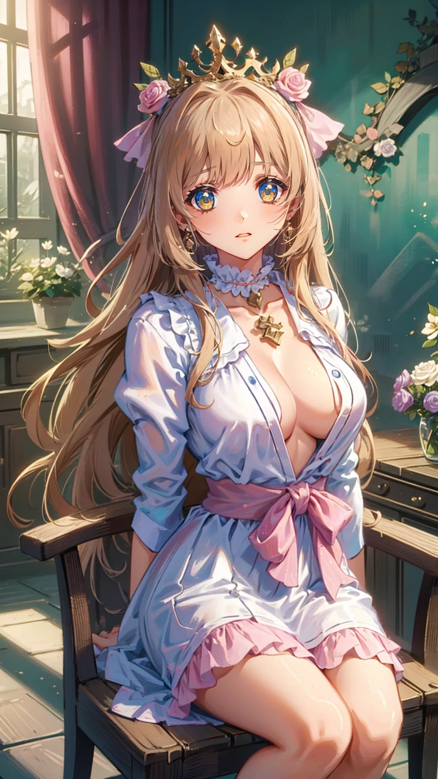 (8k, top quality, masterpiece : 1.2), Ultra-high definition ,,  Marie Antoinette  ,  super detailed face ,fine grain,  just the entrance to the basement of the castle  ,( blonde alone ),  long hair,  wavy hair  , break,Rococo Ruffle Dress,Long sleeve dress, Long skirt dress lying on a wooden boat  , Baroque Dress ,  intricate fantasy dress  , Luxurious and glamorous dress  ,  romantic dress, Ruffled Costume ,lottery, Data Style,  Formal wear, Fancy Fashion, palate colors include  pink and white,(  pink:1.5),Class A Smile, Gold Tiara ,  necklace , Sit in a fancy chair,  you have to tie your hands behind your back  ,(  rainbow light  :1.4),,  the side face of a person looking out of the window  ,  a rosebush is reflected in the window  ,(Inside Victoria Palace)、Her eyes are shining、 now her blonde alone's hair extends to her waist 、Rose-colored gradation and three, 薄い  pinkのロック. 彼女は花柄の装飾が施された Gold Tiara を着用し、 Matching earrings  , white flower choker. 彼女は金色のボタンで縁取られたフリル付きの白いストライプの  pinkのトップを着ている,  The white sleeves are in the shape of a bud  ..  dress with magenta ribbon flowing out of her chest  ..、 At the back of her neck  、Matching chest piece, Decorated with flowers.  Her ruffled skirt is divided by a white line  ,  Fastened with a large magenta ribbon  、Decorated with gold,  There is a small ribbon on the back  . Her mini skirt、薄い  pinkのマゼンタの貝殻状の裏地と白い花のペチコートでできている. 彼女は  pinkの花がついた白い手袋も着用している, 白と薄い  pinkの靴には、ゆるいカフとDecorated with flowersたマゼンタのリボンがある.
