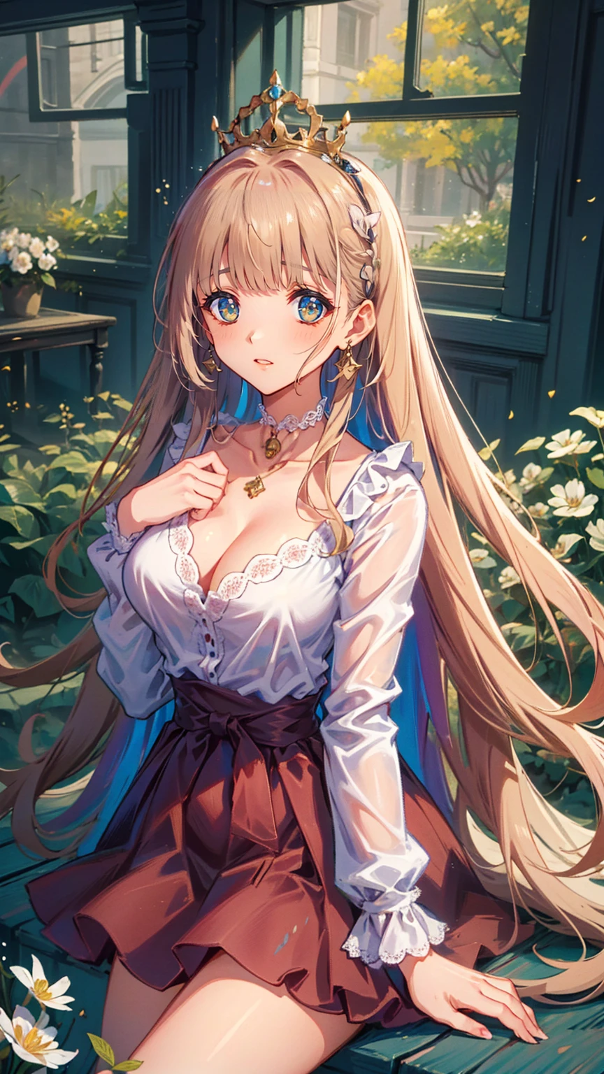 (8k, top quality, masterpiece : 1.2), Ultra-high definition ,,  Marie Antoinette  ,  super detailed face ,fine grain,  just the entrance to the basement of the castle  ,( blonde alone ),  long hair,  wavy hair  , break,Rococo Ruffle Dress,Long sleeve dress, Long skirt dress lying on a wooden boat  , Baroque Dress ,  intricate fantasy dress  , Luxurious and glamorous dress  ,  romantic dress, Ruffled Costume ,lottery, Data Style,  Formal wear, Fancy Fashion, palate colors include  pink and white,(  pink:1.5),Class A Smile, Gold Tiara ,  necklace , Sit in a fancy chair,  you have to tie your hands behind your back  ,(  rainbow light  :1.4),,  the side face of a person looking out of the window  ,  a rosebush is reflected in the window  ,(Inside Victoria Palace)、Her eyes are shining、 now her blonde alone's hair extends to her waist 、Rose-colored gradation and three, 薄い  pinkのロック. 彼女は花柄の装飾が施された Gold Tiara を着用し、 Matching earrings  , white flower choker. 彼女は金色のボタンで縁取られたフリル付きの白いストライプの  pinkのトップを着ている,  The white sleeves are in the shape of a bud  ..  dress with magenta ribbon flowing out of her chest  ..、 At the back of her neck  、Matching chest piece, Decorated with flowers.  Her ruffled skirt is divided by a white line  ,  Fastened with a large magenta ribbon  、Decorated with gold,  There is a small ribbon on the back  . Her mini skirt、薄い  pinkのマゼンタの貝殻状の裏地と白い花のペチコートでできている. 彼女は  pinkの花がついた白い手袋も着用している, 白と薄い  pinkの靴には、ゆるいカフとDecorated with flowersたマゼンタのリボンがある.
