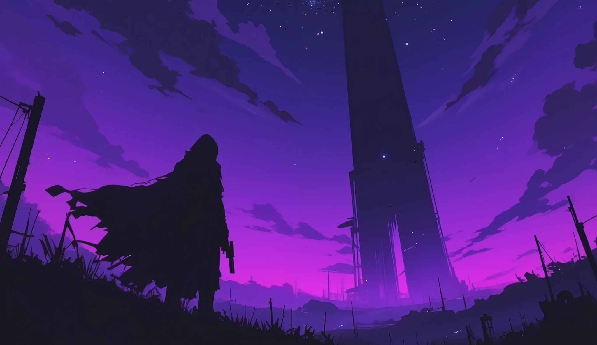 Anime style scene ，Depicts a tall tower with a cowboy hat 、A scene where a man in a cape holds a handgun and looks at the Dark Tower in the distance, dark atmosphere illustration , Background Artwork,  purple space in the background , A quiet night. Digital Illustration,  dark night environment ,  conceptual art  stunning atmosphere, Background Art, Game Art,  conceptual art  for a video game, dark high-contrast  conceptual art ,  Dramatic Lighting  .  conceptual art 