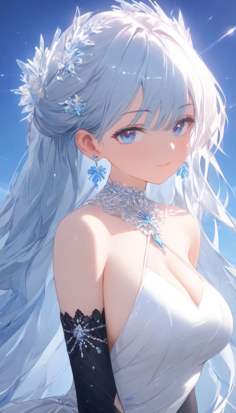 ((High resolution, accurate, Best Quality, masterpiece)), 1girl, solo, blue eyes, very long hair, earrings, jewelry, gloves, dress, black gloves, bare shoulders, breasts, white dress, elbow gloves, sleeveles,
