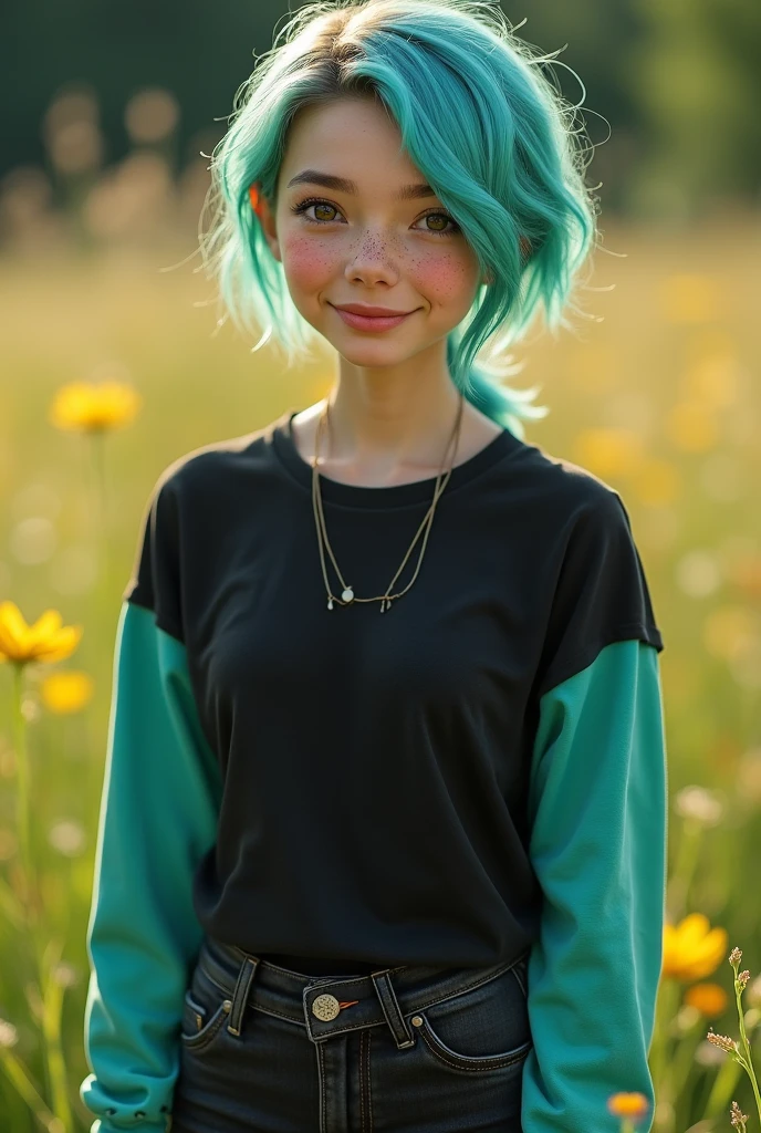 masterpiece of photorealism, photorealistic highly detailed 8k photography, best hyperrealistic quality, volumetric lighting and shadows, french twist light green hair young woman in casual clothes, Tea Plantations in the Clouds full of busy people, First-Person View (FPV) Drone Perspective