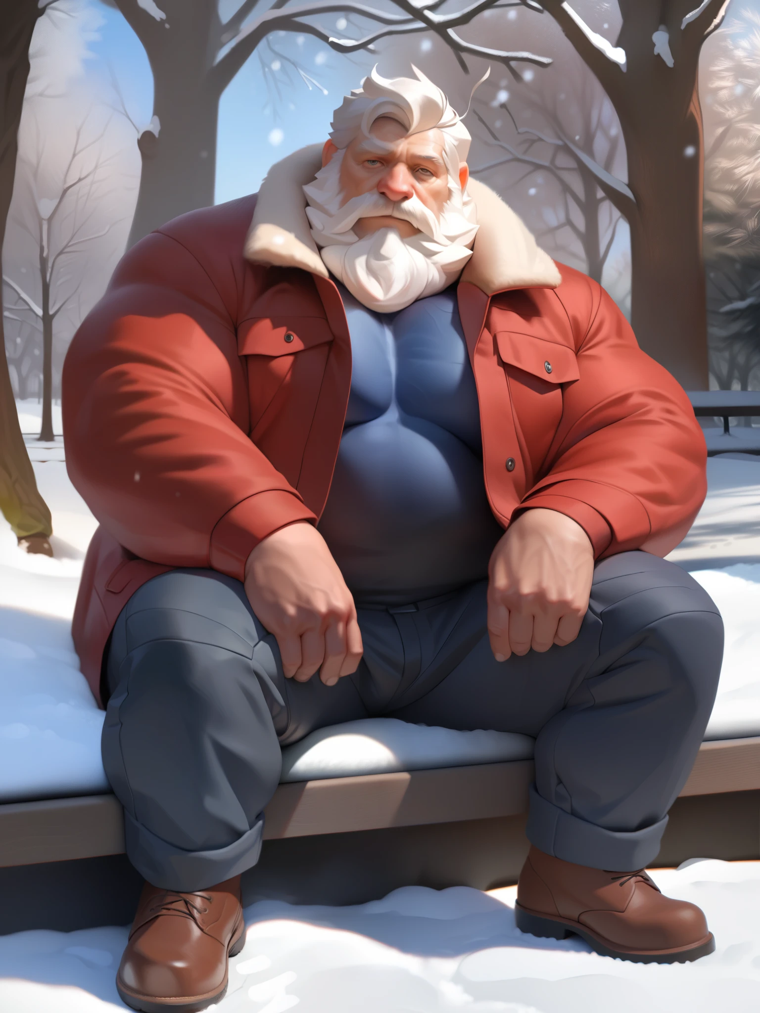 solo, 1boy, Muscular Old man, wide shoulder, pectoral, thick arms, wearing red jacket, pants, huge pectoral, look at viewer, wide pectoral, sitting on park, snow, winter, short white hair, detailed eyes, masterpiece, semirealistic:1.2, high detailed, 8k, high resolution