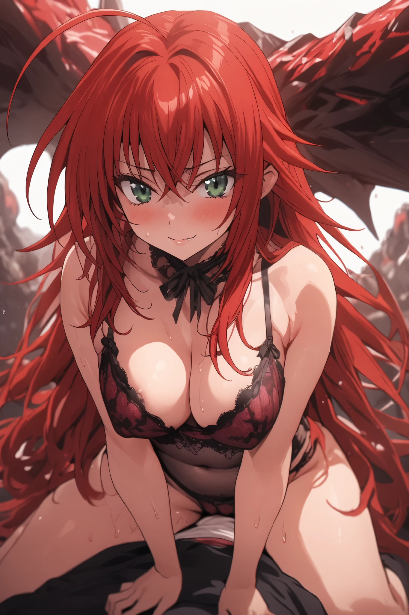 NSFW,masterpiece, top quality, high definition , very detailed, Rias Gremory、Huge ahoge、 long hair、Hair between the eyes、 green eyes、Red Hair,( sexy lingerie straddling a big monster), sitting