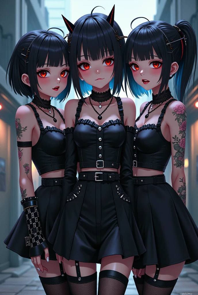 Close-up of three women in different costumes on white background, grunge style, grunge aesthetics, !!!, grunge aesthetics!!! (, sexy gloomy style, grunge aesthetic, grunge fashion, teen grunge punk rock, Y2K style, y 2 k style, punk style, this set style, gothic style, retro aesthetic, 90s style, retro look, stand-up.)