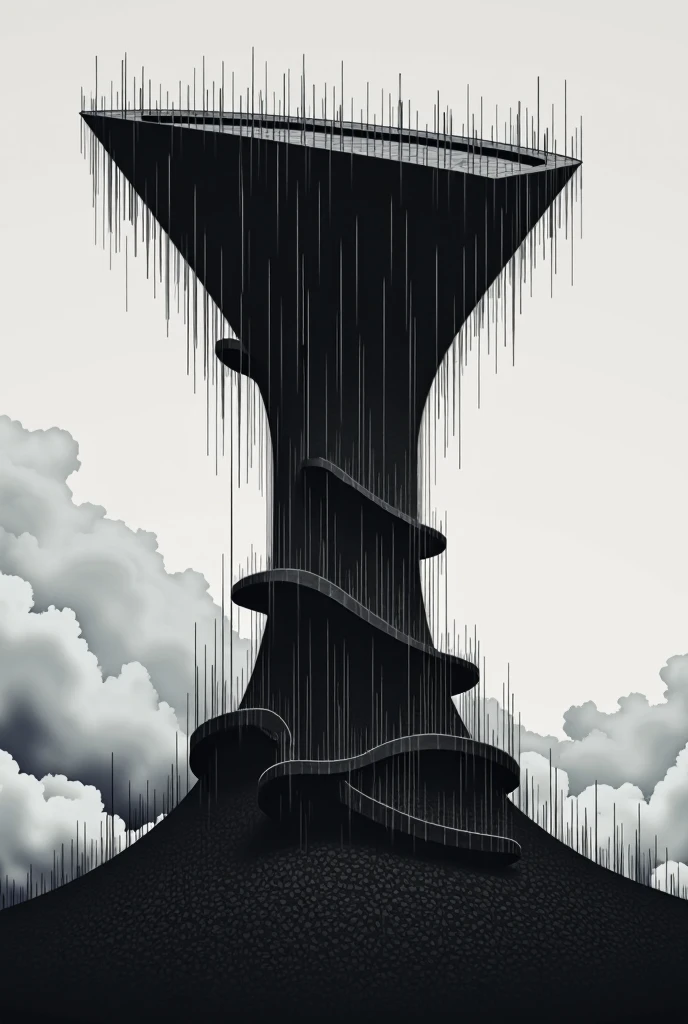 masterpiece, style,only use two-color abstract painting in ( dark black) and ( dark gray ), jet black tower shaped like an hourglass ,Stonework,Tower without roof ,Upside down spiral staircase , Countless columns like metal spines pierce the sky, The middle floor of the tower is blocked by clouds , high image quality, Minimalism  