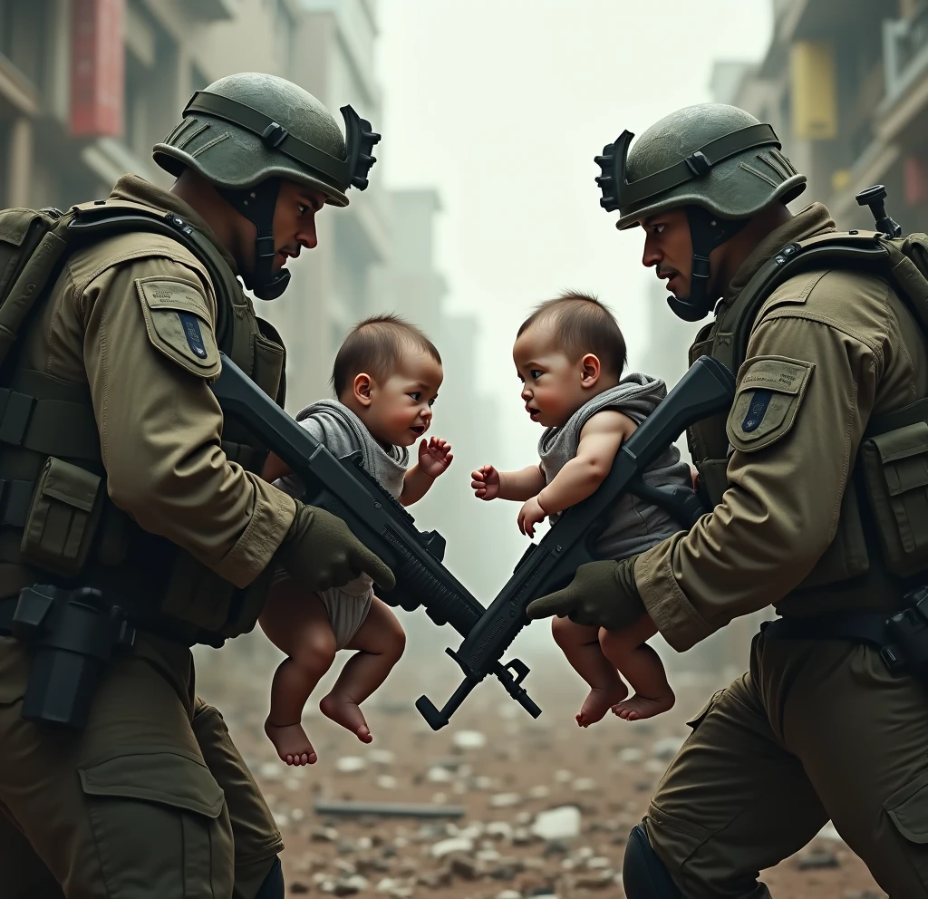 A soldier still carrying a baby