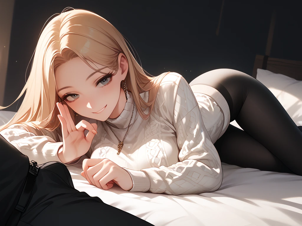 a long haired blond petite anime girl, big breasts, slim body, white sweater, black transparent leggings dripping, smile, shushing gesture, the man is laying on the bed, side angle,