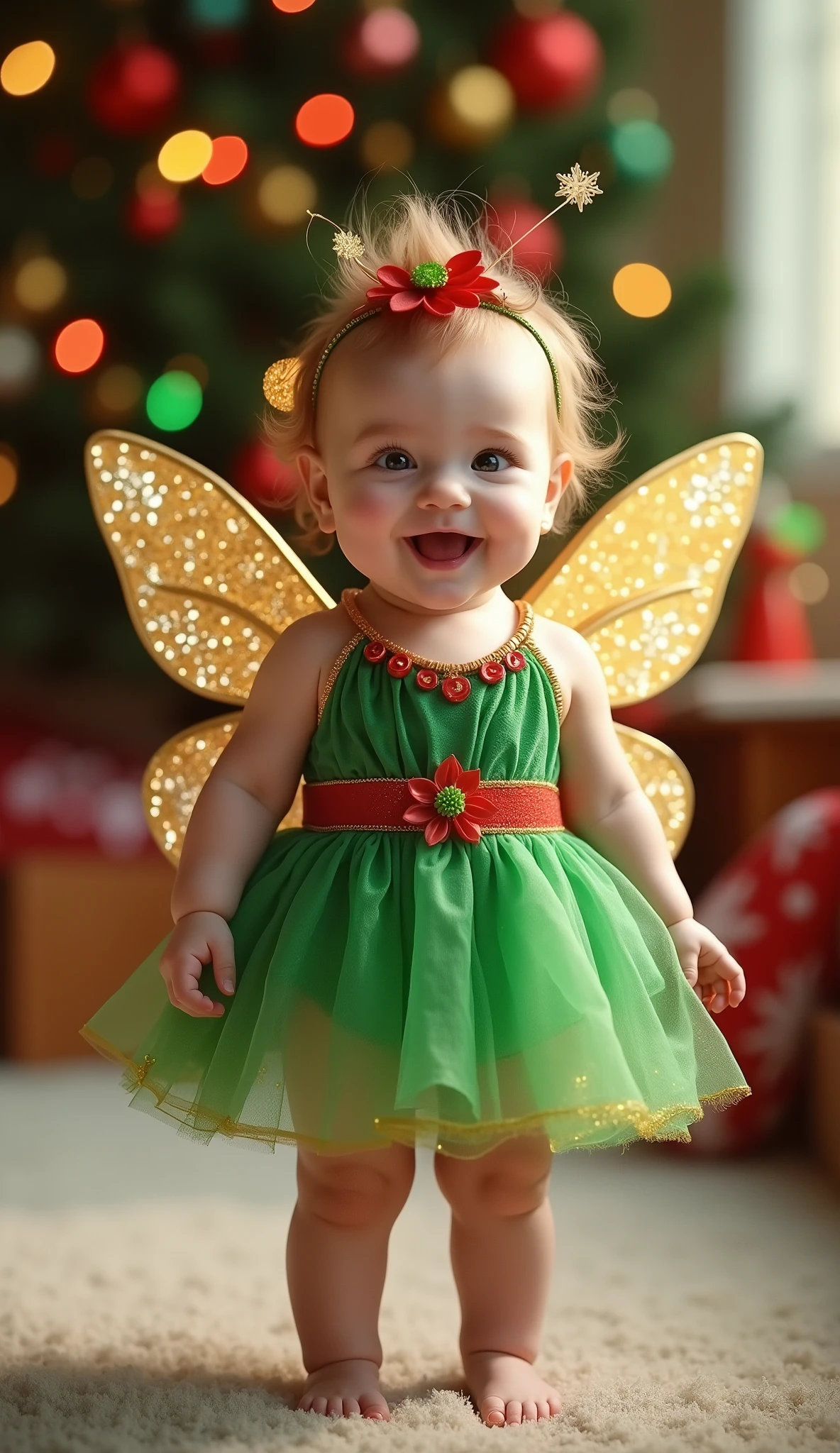  A hyper-realistic image of a super cute  baby , standing and smiling ,  dressed as a fairy with shiny gold wings and a green dress with vibrant red details.  The background is a blurry Christmas setting , with colorful toys and twinkling lights ."
