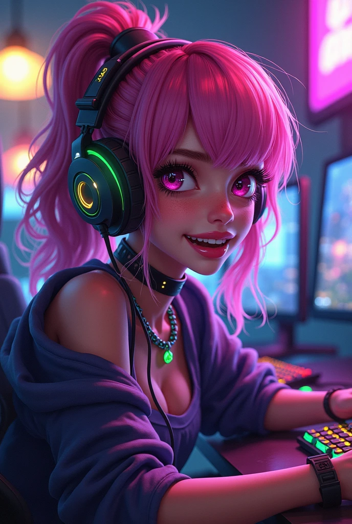 DEN_belle_delphine, Big smile (teeth braces:1.1),
sitting at a computer wearing headphones and playing games (holding a controller:1.2) wearing a hoodie in a (neon lit room:1.3), (gamer:1.2), gaming, gamer girl, games, (purple lighting, neon:1.2),
bokeh, f1.4, 40mm, photorealistic, raw, 8k, textured skin, skin pores, intricate details <lora:epi_noiseoffset2:1>, epiCRealism