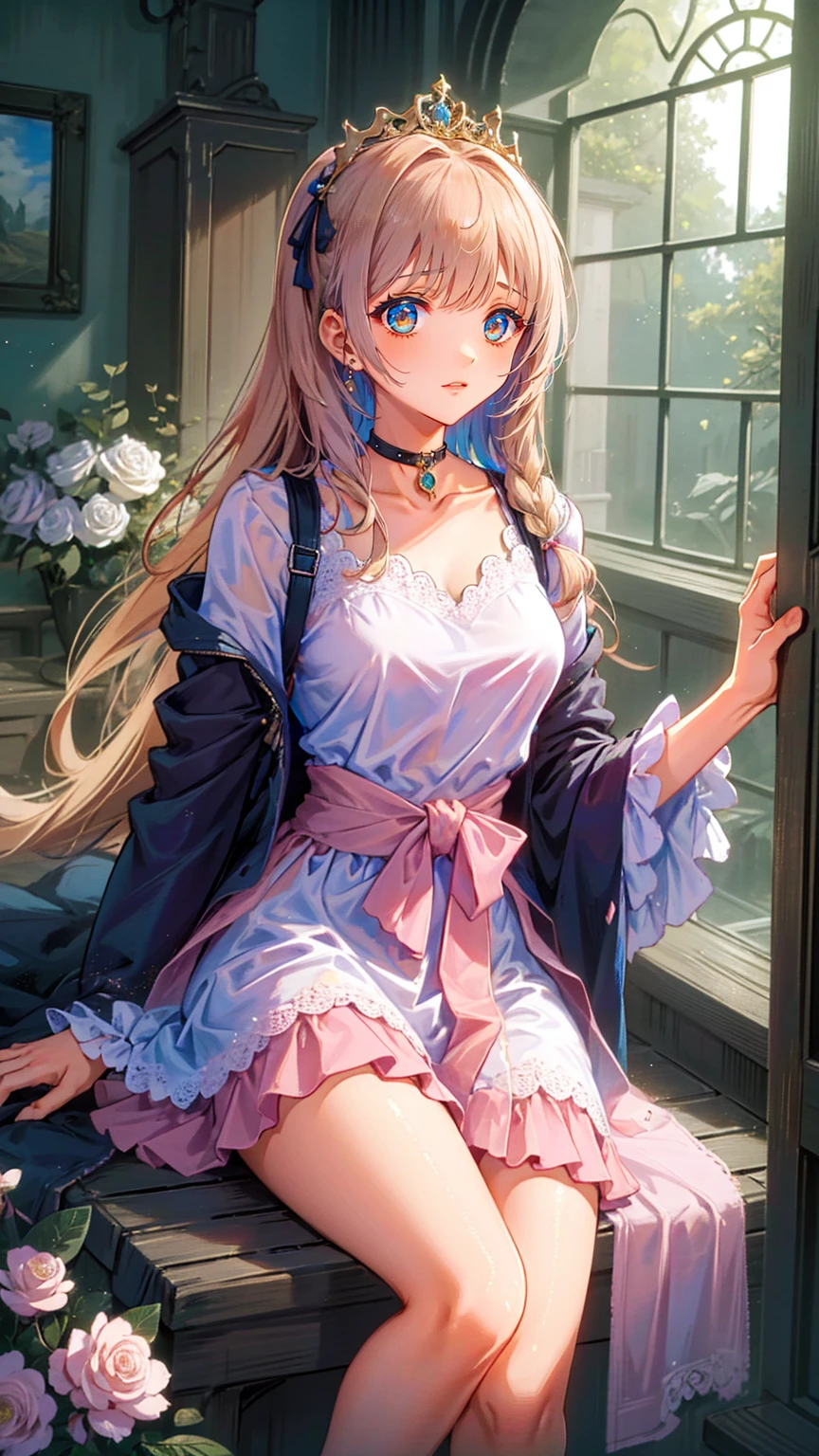 (8k, top quality, masterpiece : 1.2), Ultra-high definition ,,  Marie Antoinette  ,  super detailed face ,fine grain,  just the entrance to the basement of the castle  ,( blonde alone ),  long hair,  wavy hair  , break,Rococo Ruffle Dress,Long sleeve dress, Long skirt dress lying on a wooden boat  , Baroque Dress ,  intricate fantasy dress  , Luxurious and glamorous dress  ,  romantic dress, Ruffled Costume ,lottery, Data Style,  Formal wear, Fancy Fashion, palate colors include  pink and white,(  pink:1.5),Class A Smile, Gold Tiara ,  necklace , Sit in a fancy chair,  you have to tie your hands behind your back  ,(  rainbow light  :1.4),,  the side face of a person looking out of the window  ,  a rosebush is reflected in the window  ,(Inside Victoria Palace)、Her eyes are shining、 now her blonde alone's hair extends to her waist 、Rose-colored gradation and three, 薄い  pinkのロック. 彼女は花柄の装飾が施された Gold Tiara を着用し、 Matching earrings  , white flower choker. 彼女は金色のボタンで縁取られたフリル付きの白いストライプの  pinkのトップを着ている,  The white sleeves are in the shape of a bud  ..  dress with magenta ribbon flowing out of her chest  ..、 At the back of her neck  、Matching chest piece, Decorated with flowers.  Her ruffled skirt is divided by a white line  ,  Fastened with a large magenta ribbon  、Decorated with gold,  There is a small ribbon on the back  . Her mini skirt、薄い  pinkのマゼンタの貝殻状の裏地と白い花のペチコートでできている. 彼女は  pinkの花がついた白い手袋も着用している, 白と薄い  pinkの靴には、ゆるいカフとDecorated with flowersたマゼンタのリボンがある.
