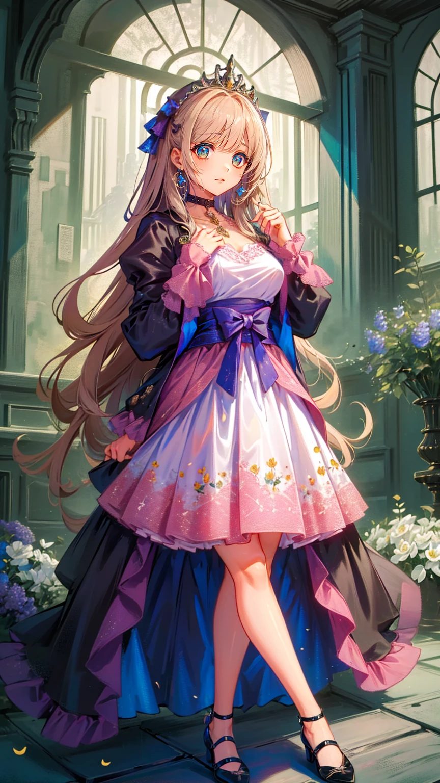 (8k, top quality, masterpiece : 1.2), Ultra-high definition ,,  Marie Antoinette  ,  super detailed face ,fine grain,  just the entrance to the basement of the castle  ,( blonde alone ),  long hair,  wavy hair  , break,Rococo Ruffle Dress,Long sleeve dress, Long skirt dress lying on a wooden boat  , Baroque Dress ,  intricate fantasy dress  , Luxurious and glamorous dress  ,  romantic dress, Ruffled Costume ,lottery, Data Style,  Formal wear, Fancy Fashion, palate colors include  pink and white,(  pink:1.5),Class A Smile, Gold Tiara ,  necklace , Sit in a fancy chair,  you have to tie your hands behind your back  ,(  rainbow light  :1.4),,  the side face of a person looking out of the window  ,  a rosebush is reflected in the window  ,(Inside Victoria Palace)、Her eyes are shining、 now her blonde alone's hair extends to her waist 、Rose-colored gradation and three, 薄い  pinkのロック. 彼女は花柄の装飾が施された Gold Tiara を着用し、 Matching earrings  , white flower choker. 彼女は金色のボタンで縁取られたフリル付きの白いストライプの  pinkのトップを着ている,  The white sleeves are in the shape of a bud  ..  dress with magenta ribbon flowing out of her chest  ..、 At the back of her neck  、Matching chest piece, Decorated with flowers.  Her ruffled skirt is divided by a white line  ,  Fastened with a large magenta ribbon  、Decorated with gold,  There is a small ribbon on the back  . Her mini skirt、薄い  pinkのマゼンタの貝殻状の裏地と白い花のペチコートでできている. 彼女は  pinkの花がついた白い手袋も着用している, 白と薄い  pinkの靴には、ゆるいカフとDecorated with flowersたマゼンタのリボンがある.
