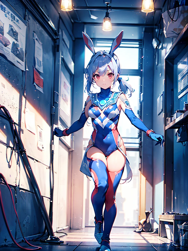 (人物: Usada Pekora), bunny girl, blue hair, twin braids, a girl, solo, {{masterpiece}}, best quality, extremely detailed CG unity 8k wallpaper, cinematic lighting, lens flare, beautiful detail eyes, side glance, colorful light, particles,