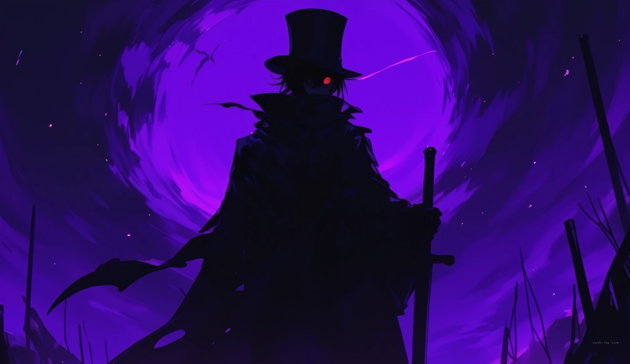  an anime-style scene with a top hat and a man in a top hat holding a sword, dark atmosphere illustration , Background Artwork,  purple space in the background , A quiet night. Digital Illustration,  dark night environment ,  conceptual art  stunning atmosphere, Background Art, Game Art,  conceptual art  for a video game, dark high-contrast  conceptual art ,   Dramatic Lighting  .  conceptual art 