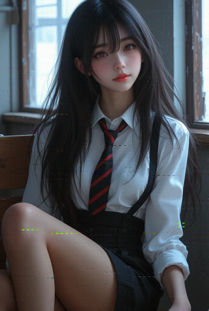 photo realism,Noir,best quality,highly detailed,1girl,long black hair,red eyes,white shirt,black suspender skirt,striped tie,relaxed pose,head resting on hand,crossed legs,bright window light,minimalistic room,red halo symbol,soft shadows,mysterious atmosphere,clean composition
