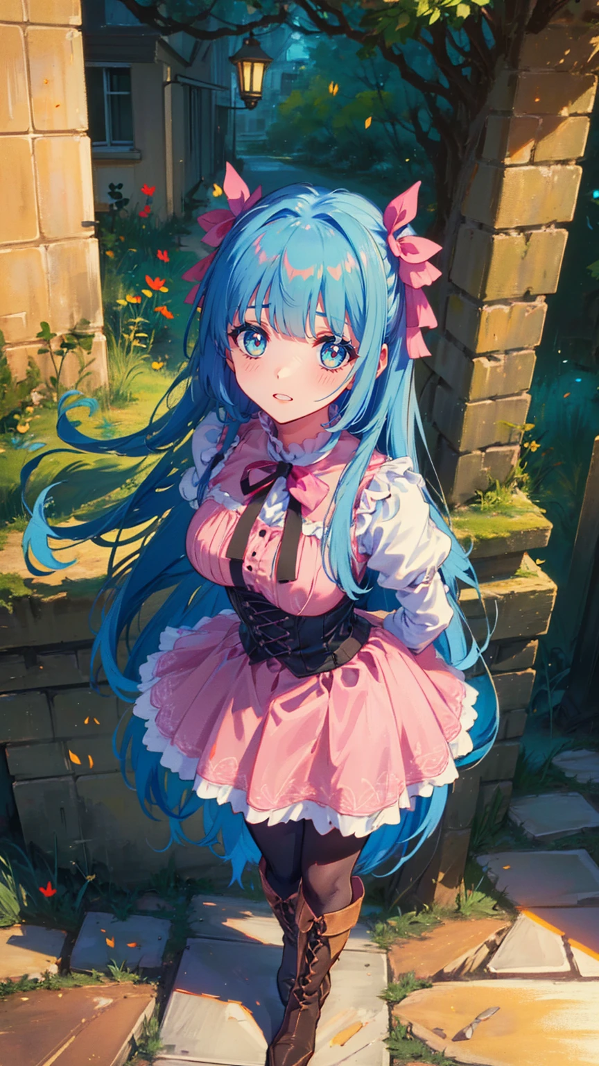 (    masterpiece    : 1.2), (    very detailed bust: 1.2), (    very detailed bust CG: 1.2), (    high image quality: 1.2), (最    high image quality), 8k,     Animated Illustration ,   、    beautiful girl、とてもcute天使、   Standing in front of the front door wearing a pink gothic dress 、cute、baby face、smile、    Long Skirt、 Black long boots 、