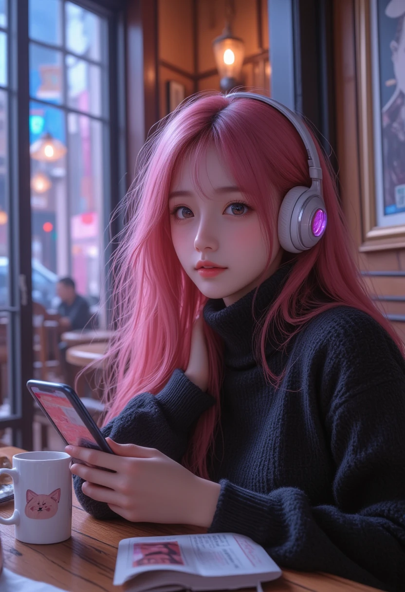 Cyberpunk,Pointillism,best quality,highly detailed,1girl,long pink hair,headphones,black turtleneck,sad expression,leaning on hand,holding smartphone,window reflection,coffee mug with NEKO text,Korean text message,soft lighting,cozy cafe atmosphere,framed by window,diffused light
