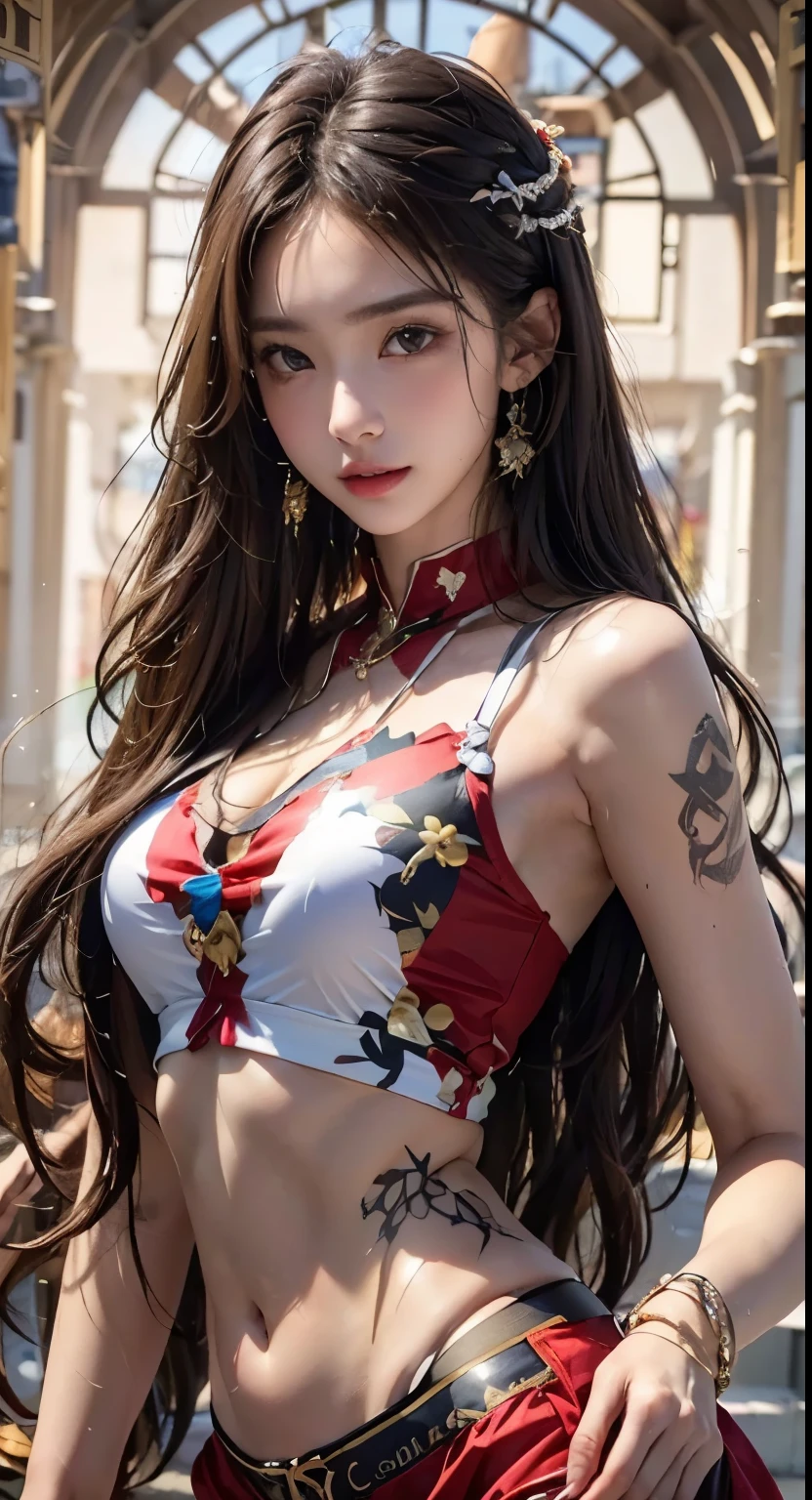 create a drawing in the style of one piece, of one with long straight brown hair, with eyes a little small, with a bow and arrow, de 16 anos, with day small flower tattoos, one on the shoulder and one on the arm