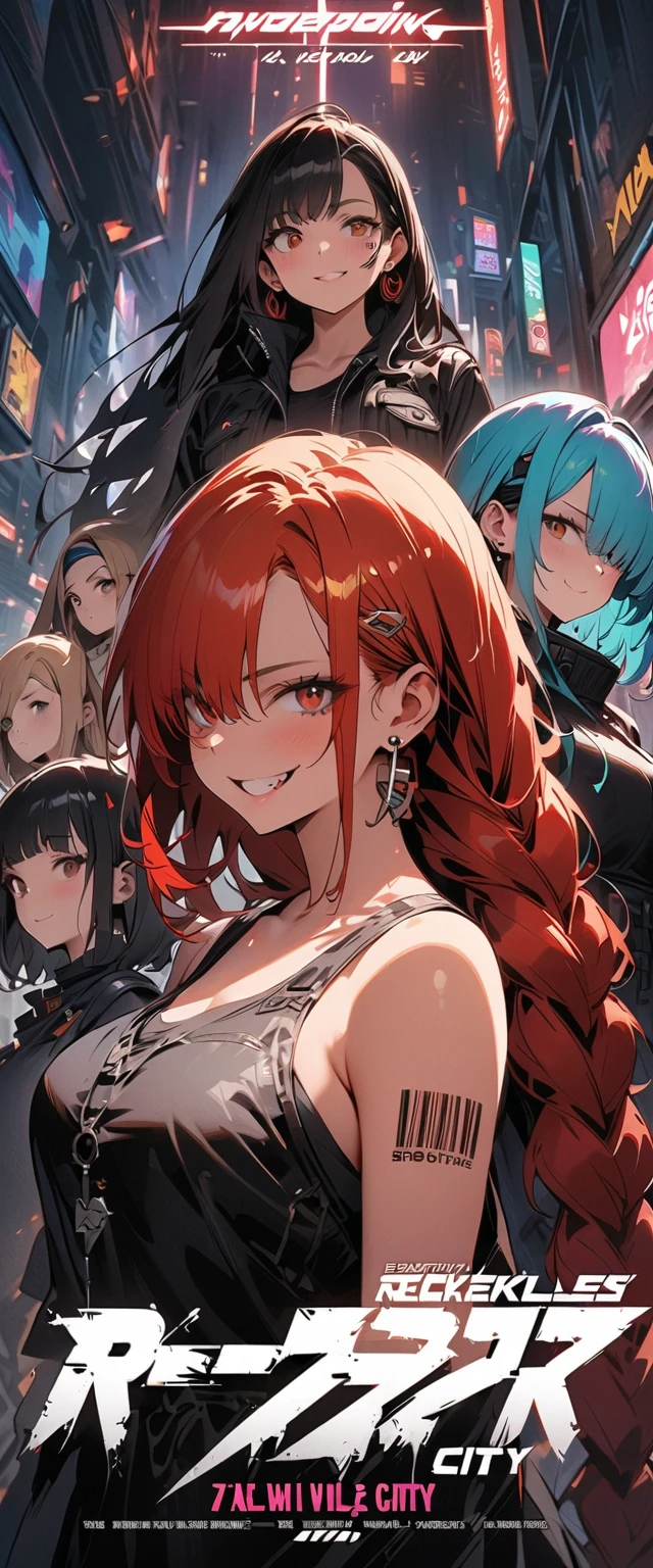 A girl with crimson red hair and maroon eyes with a black and red shirt that covers her whole torso and sweatpants and big breasts smiling and a background with volcanoes and fire