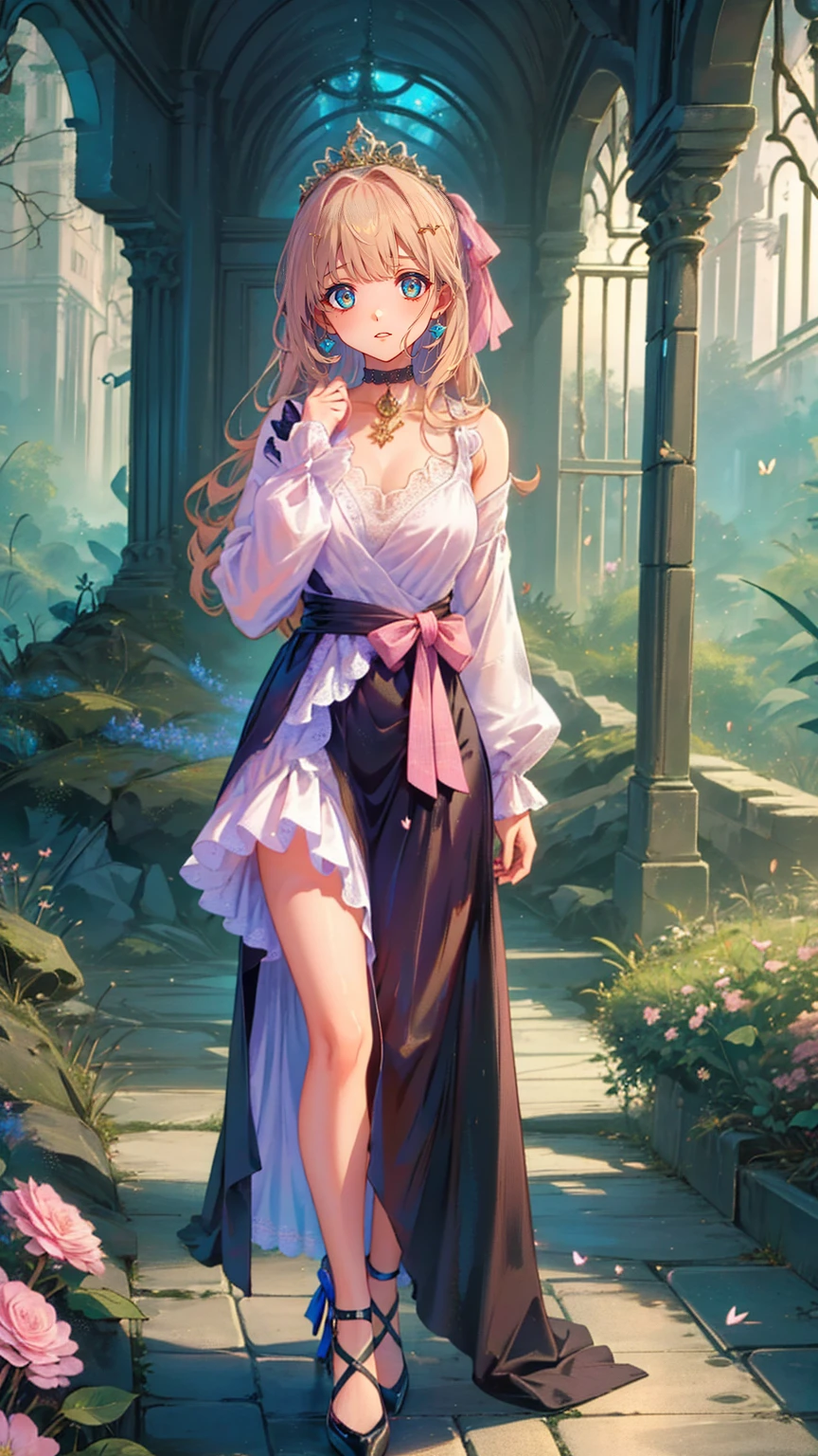 (8k, top quality, masterpiece : 1.2), Ultra-high definition ,,  Marie Antoinette  ,  super detailed face ,fine grain,  just the entrance to the basement of the castle  ,( blonde alone ),  long hair,  wavy hair  , break,Rococo Ruffle Dress,Long sleeve dress, Long skirt dress lying on a wooden boat  , Baroque Dress ,  intricate fantasy dress  , Luxurious and glamorous dress  ,  romantic dress, Ruffled Costume ,lottery, Data Style,  Formal wear, Fancy Fashion, palate colors include  pink and white,(  pink:1.5),Class A Smile, Gold Tiara ,  necklace , Sit in a fancy chair,  you have to tie your hands behind your back  ,(  rainbow light  :1.4),,  the side face of a person looking out of the window  ,  a rosebush is reflected in the window  ,(Inside Victoria Palace)、Her eyes are shining、 now her blonde alone's hair extends to her waist 、Rose-colored gradation and three, 薄い  pinkのロック. 彼女は花柄の装飾が施された Gold Tiara を着用し、 Matching earrings  , white flower choker. 彼女は金色のボタンで縁取られたフリル付きの白いストライプの  pinkのトップを着ている,  The white sleeves are in the shape of a bud  ..  dress with magenta ribbon flowing out of her chest  ..、 At the back of her neck  、Matching chest piece, Decorated with flowers.  Her ruffled skirt is divided by a white line  ,  Fastened with a large magenta ribbon  、Decorated with gold,  There is a small ribbon on the back  . Her mini skirt、薄い  pinkのマゼンタの貝殻状の裏地と白い花のペチコートでできている. 彼女は  pinkの花がついた白い手袋も着用している, 白と薄い  pinkの靴には、ゆるいカフとDecorated with flowersたマゼンタのリボンがある.
