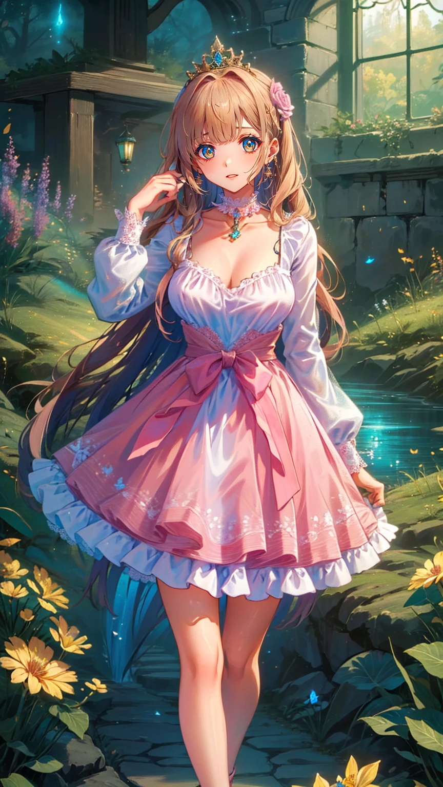 (8k, top quality, masterpiece : 1.2), Ultra-high definition ,,  Marie Antoinette  ,  super detailed face ,fine grain,  just the entrance to the basement of the castle  ,( blonde alone ),  long hair,  wavy hair  , break,Rococo Ruffle Dress,Long sleeve dress, Long skirt dress lying on a wooden boat  , Baroque Dress ,  intricate fantasy dress  , Luxurious and glamorous dress  ,  romantic dress, Ruffled Costume ,lottery, Data Style,  Formal wear, Fancy Fashion, palate colors include  pink and white,(  pink:1.5),Class A Smile, Gold Tiara ,  necklace , Sit in a fancy chair,  you have to tie your hands behind your back  ,(  rainbow light  :1.4),,  the side face of a person looking out of the window  ,  a rosebush is reflected in the window  ,(Inside Victoria Palace)、Her eyes are shining、 now her blonde alone's hair extends to her waist 、Rose-colored gradation and three, 薄い  pinkのロック. 彼女は花柄の装飾が施された Gold Tiara を着用し、 Matching earrings  , white flower choker. 彼女は金色のボタンで縁取られたフリル付きの白いストライプの  pinkのトップを着ている,  The white sleeves are in the shape of a bud  ..  dress with magenta ribbon flowing out of her chest  ..、 At the back of her neck  、Matching chest piece, Decorated with flowers.  Her ruffled skirt is divided by a white line  ,  Fastened with a large magenta ribbon  、Decorated with gold,  There is a small ribbon on the back  . Her mini skirt、薄い  pinkのマゼンタの貝殻状の裏地と白い花のペチコートでできている. 彼女は  pinkの花がついた白い手袋も着用している, 白と薄い  pinkの靴には、ゆるいカフとDecorated with flowersたマゼンタのリボンがある.
