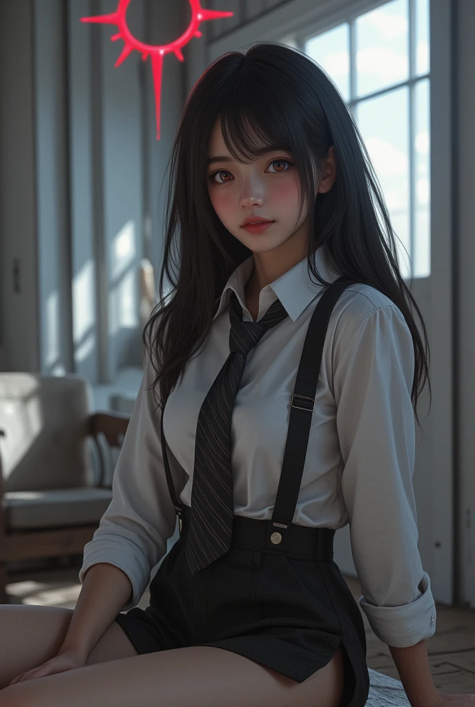 photo realism,Noir,best quality,highly detailed,1girl,long black hair,red eyes,white shirt,black suspender skirt,striped tie,relaxed pose,head resting on hand,crossed legs,bright window light,minimalistic room,red halo symbol,soft shadows,mysterious atmosphere,clean composition, (How to incorporate noise into illustration details:0.2)
