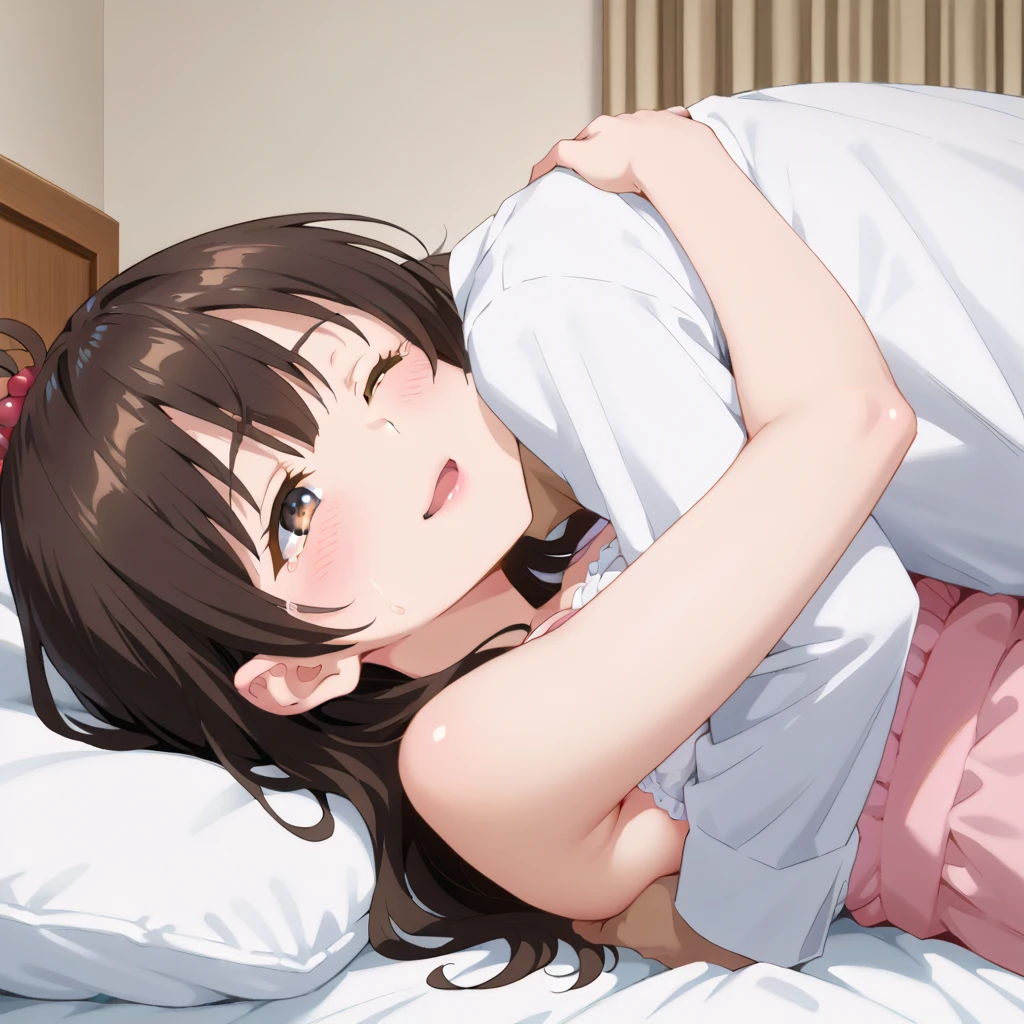  highest image quality taken by Ki、 High Quality 、(( full body shot ))girl, embarrassing, close eyes, red cheek,, white bathrobe, large breasts, dating, in dark hotel room, lie on back, bed, nsfw, orgasm, sex , man, man is hugging a woman , throw, crying face, shy face ,one eye closed,Assatis FIDE LOOK ,beautiful light of inspiration, Yukori Mitsugi,from side
