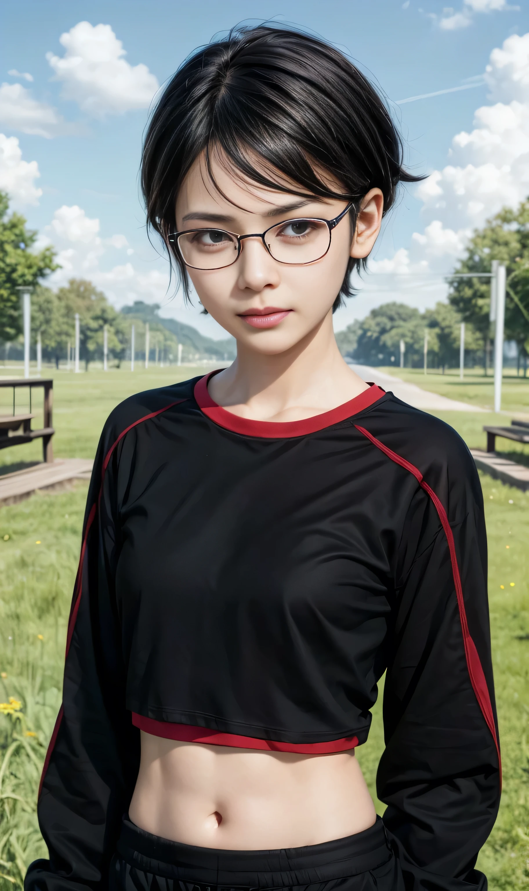 masterpiece, best quality, (realistic,photo-realistic:1.4), (RAW photo:1.2), extremely detailed CG unity 8k wallpaper, delicate and beautiful, amazing,finely detail, official art, absurdres, incredibly absurdres, huge filesize, ultra-detailed,extremely detailed eyes and face,light on face,sarada,(smirk:1.4),(black hair:1.4),(very short hair:1.4),nature,sarada uchiha,(wearing black framed glasses:1.5),(wearing t-shirt:1.5),navel,shorts,(nature:1.4),bike shorts