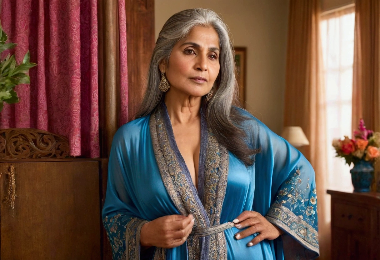 A 60-year-old chubby Pakistani model with long, silver hair styled in a traditional braid wears a more than half of her bust revealing opened blue sheer silk robe in a tastefully decorated room with warm-toned curtains and traditional wooden furniture. hands opening the robe to expose her breasts as she wears nothing underneath. She stands beside a floral arrangement, looking serene and confident. Her jewelry adds a subtle touch of sophistication to the scene, celebrating both tradition and modernity.
