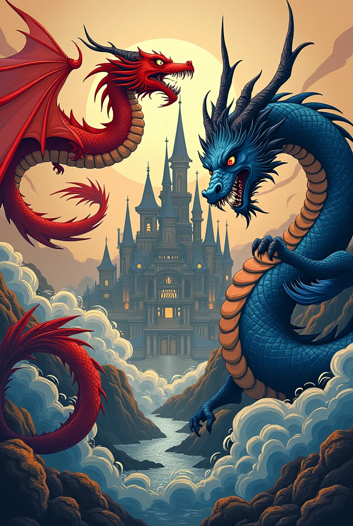 two dragon fighting over a castle with a castle in the background, dungeon and dragons art, dragons, dungeon's & dragons, battle with dragon, dungeon and dragons, dungeons and dragons art, dragon art, world of fire and blood, dungeons and dragons artwork, dungeon and dragon illustration, d & d fantasy digital art, dungeons and dragon, symmetrical epic fantasy art