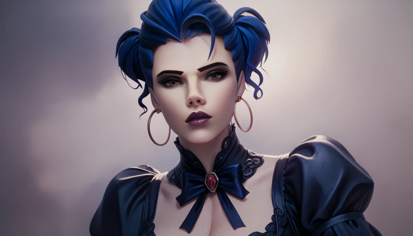 Amalia (widow) from Overwatch ,  with blue hair ,  realistic,  high quality photo, detail,  masterpiece fails, 2k,  flashlight, in tight clothes, in a black gothic dress from the Victorian era, against the background of skeletons,  fog  