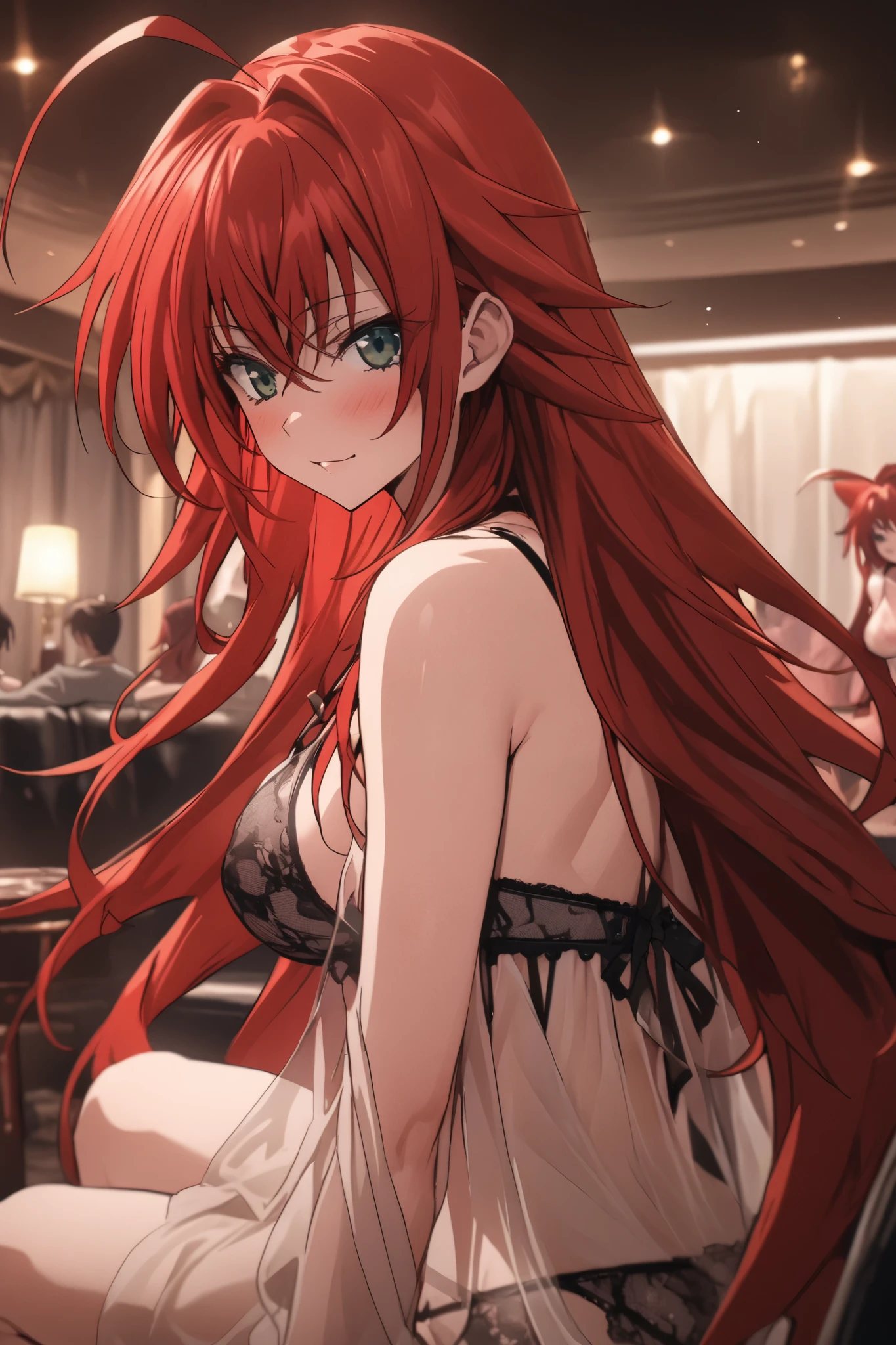 NSFW,masterpiece, top quality, high definition , very detailed, Rias Gremory、Huge ahoge、 long hair、Hair between the eyes、 green eyes、Red Hair,( see-through lingerie ), sitting,Club room