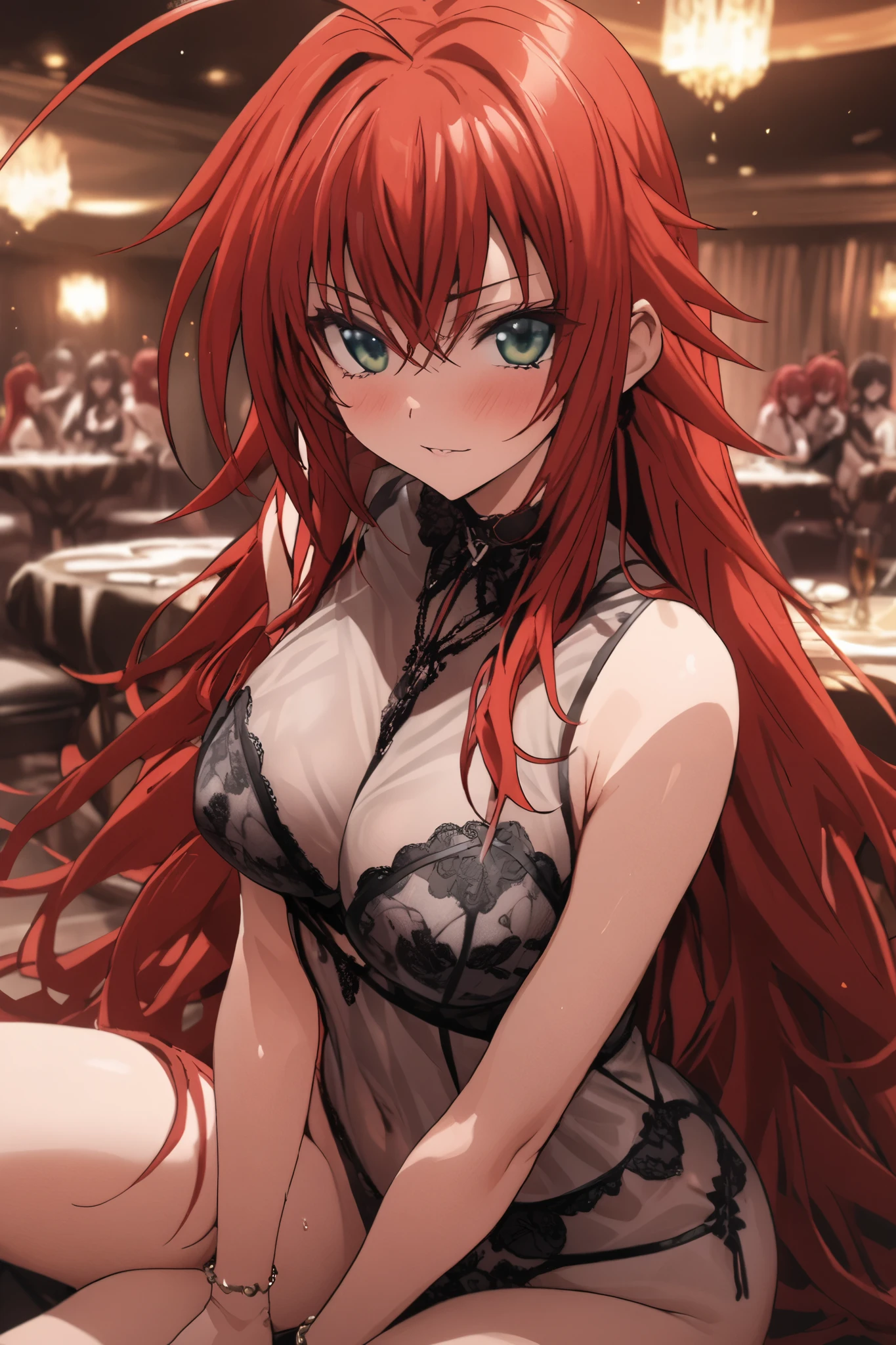 NSFW,masterpiece, top quality, high definition , very detailed, Rias Gremory、Huge ahoge、 long hair、Hair between the eyes、 green eyes、Red Hair,( see-through lingerie ), sitting,Club room