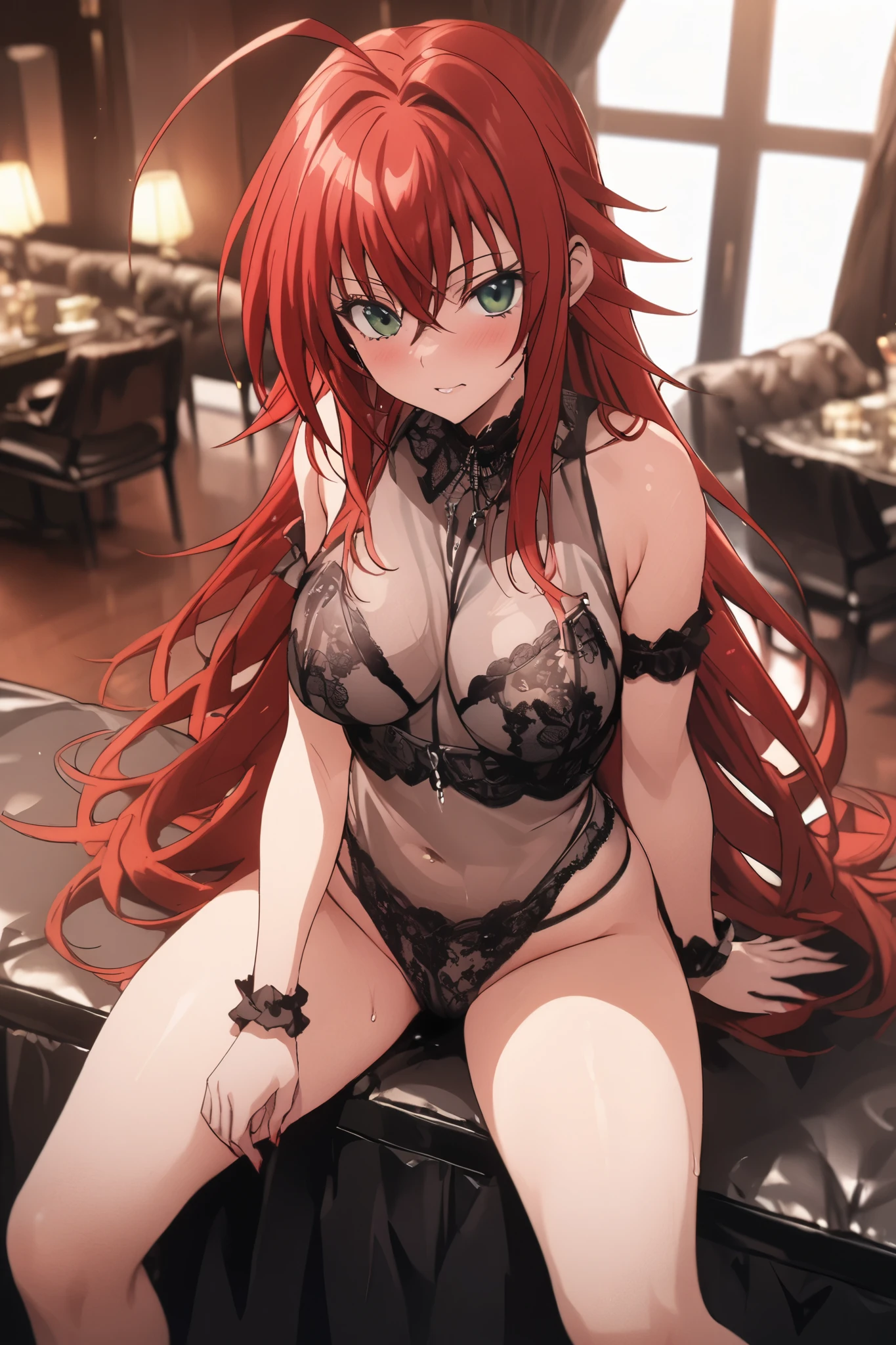 NSFW,masterpiece, top quality, high definition , very detailed, Rias Gremory、Huge ahoge、 long hair、Hair between the eyes、 green eyes、Red Hair,( see-through lingerie ), sitting,Club room