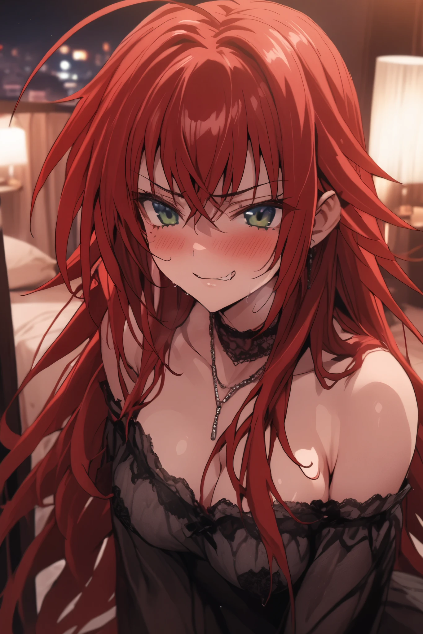 NSFW,masterpiece, top quality, high definition , very detailed, Rias Gremory、Huge ahoge、 long hair、Hair between the eyes、 green eyes、Red Hair,(Prostitute),Love Hotel at Night,Frustrated face