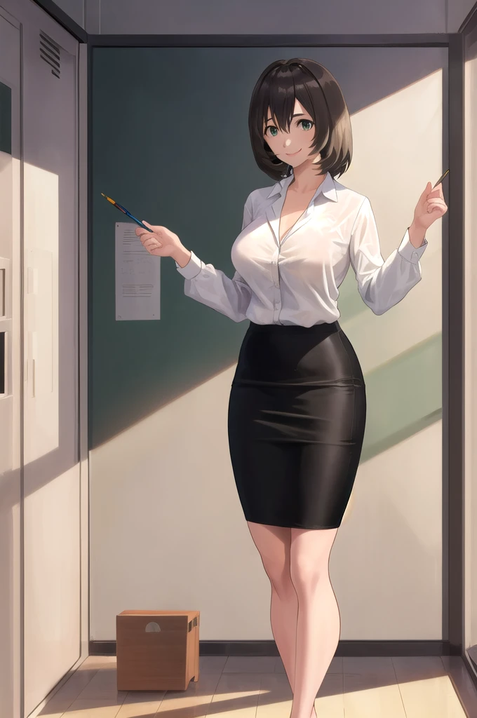  1 girl ,solo,natsukawa_Machiko, green_eye,classroom, black business suit ,  pencil skirt, beige pantyhose, standing with different breasts , Smile Masterpiece,  top quality