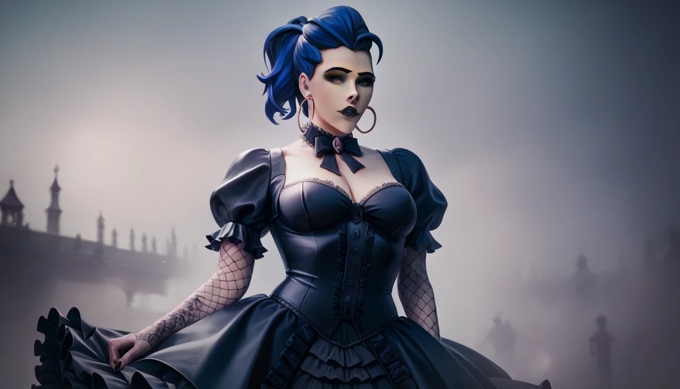 Amalia (widow) from Overwatch ,  with blue hair ,  realistic,  high quality photo, detail,  masterpiece fails, 2k,  flashlight, in tight clothes, in a black gothic dress from the Victorian era, against the background of skeletons,  fog  