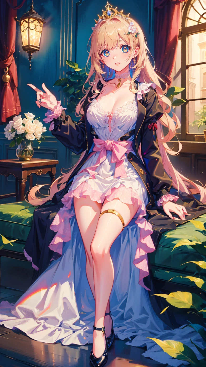 (best quality, 8k, masterpiece:1.2, nsfw ), Cutest,Cute girl, mesugaki, Beautiful face, Beautiful eyes, Beautiful hair, Light pink hair, Lots of colorful flowers, sunshine, peaceful garden, summer dress, smiling, golden hour lighting, vibrant colors, happy expression, soft breeze, gentle makeup, freckles, blonde hair, flowing dress, pastel colorairytale atmosphere, fluttering butterflies, dreamy atmosphere), vivid greenery, smile, posing like an angel