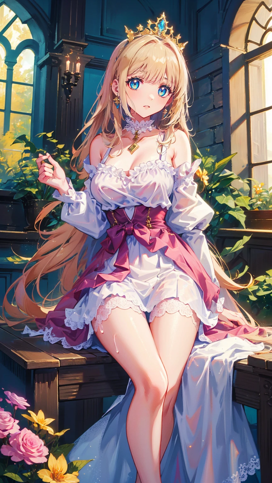 (8k, top quality, masterpiece : 1.2), Ultra-high definition ,,  Marie Antoinette  ,  super detailed face ,fine grain,  just the entrance to the basement of the castle  ,( blonde alone ),  long hair,  wavy hair  , break,Rococo Ruffle Dress,Long sleeve dress, Long skirt dress lying on a wooden boat  , Baroque Dress ,  intricate fantasy dress  , Luxurious and glamorous dress  ,  romantic dress, Ruffled Costume ,lottery, Data Style,  Formal wear, Fancy Fashion, palate colors include  pink and white,(  pink:1.5),Class A Smile, Gold Tiara ,  necklace , Sit in a fancy chair,  you have to tie your hands behind your back  ,(  rainbow light  :1.4),,  the side face of a person looking out of the window  ,  a rosebush is reflected in the window  ,(Inside Victoria Palace)、Her eyes are shining、 now her blonde alone's hair extends to her waist 、Rose-colored gradation and three, 薄い  pinkのロック. 彼女は花柄の装飾が施された Gold Tiara を着用し、 Matching earrings  , white flower choker. 彼女は金色のボタンで縁取られたフリル付きの白いストライプの  pinkのトップを着ている,  The white sleeves are in the shape of a bud  ..  dress with magenta ribbon flowing out of her chest  ..、 At the back of her neck  、Matching chest piece, Decorated with flowers.  Her ruffled skirt is divided by a white line  ,  Fastened with a large magenta ribbon  、Decorated with gold,  There is a small ribbon on the back  . Her mini skirt、薄い  pinkのマゼンタの貝殻状の裏地と白い花のペチコートでできている. 彼女は  pinkの花がついた白い手袋も着用している, 白と薄い  pinkの靴には、ゆるいカフとDecorated with flowersたマゼンタのリボンがある.
