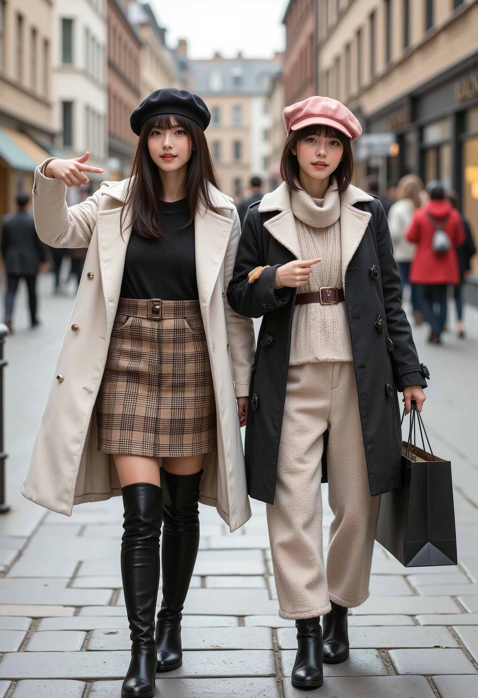 photo realism,masterpiece, best quality, 8k, highres, ultra-detailed,HDR, UHD, professional,best quality, 2girls,short hair and bob,beret, black beret, pink beret, winter outfit, white coat, plaid skirt, thigh-high boots, brown crossbody bag, shearling jacket, orange turtleneck, high-waisted pants, black ankle boots, holding shopping bag, arm in arm, pointing gesture, casual style, urban setting, bright lighting, fashion-focused