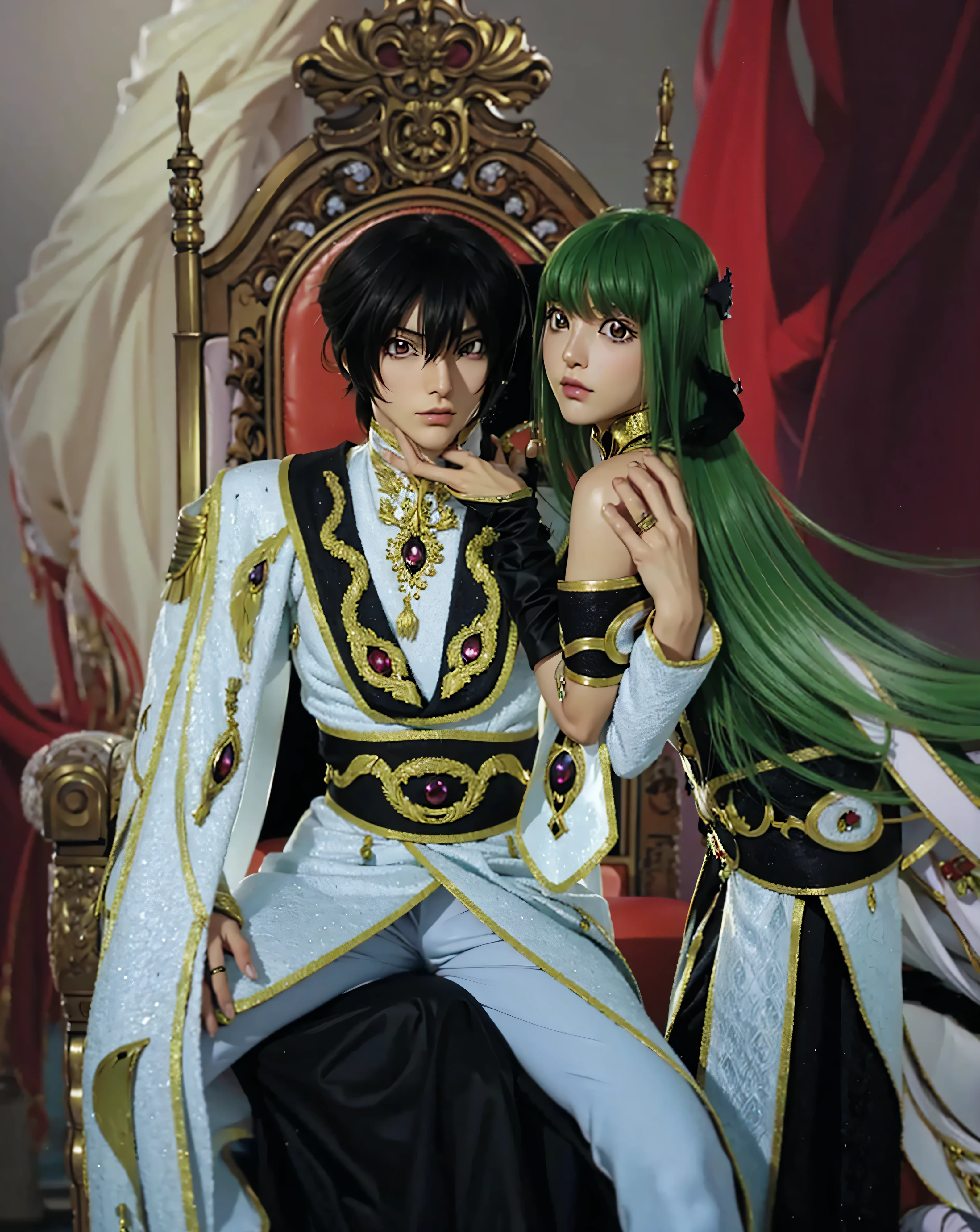 (LELOUCH AND C.C EMPEROR_CODE GEASS),((realistic, photorealistic)),(highlight hair)), Light reflection, (( HD )),((upper body)), (((best quality, masterpiece))), (masterpiece) (best quality) (detail) (8k) (HDR) (wallpaper) (cinematic lighting) (sharp focuasterpiece, best quality: 1.1), Real life adaption of this character, realistic outfit, realistic shadow, realistic light, realism, hyper realistic, realistic background,realistic hair,(photorealistic:1.2), (masterpiece: 1.2), (best quality: 1.3), (clear details: 1.3), ((((ultra-detailed)))), ((detailed eyes)), (extremely detailed face:1.4), (highly detailed eyelash:1.6),
(Masterpiece, Best quality, best shadow), (detailed background),(masterpiece, best quality:1.2), lelouch lamperouge, Two people in one picture,, holding mask, looking at viewer, standing, short hair, purple eyes, geass black cape, black gloves, brown hair, cape, formal, gloves, high collar, long sleeves, mask, pants, purple footwear, purple pants, purple suit, suit, professional lightning, spotlight,  core_9, score_8_up, score_7_up, score_6_up, score_5_up, score_4_up, BREAK source_anime, c.c., yellow eyes, green hair, long hair,medium breasts, white bodysuit, straitjacket, white long sleeves, white wide sleeves, standing,Red curtain background, royal chair, sitting on a chair, black and white floor,Bright red, realistic hair,